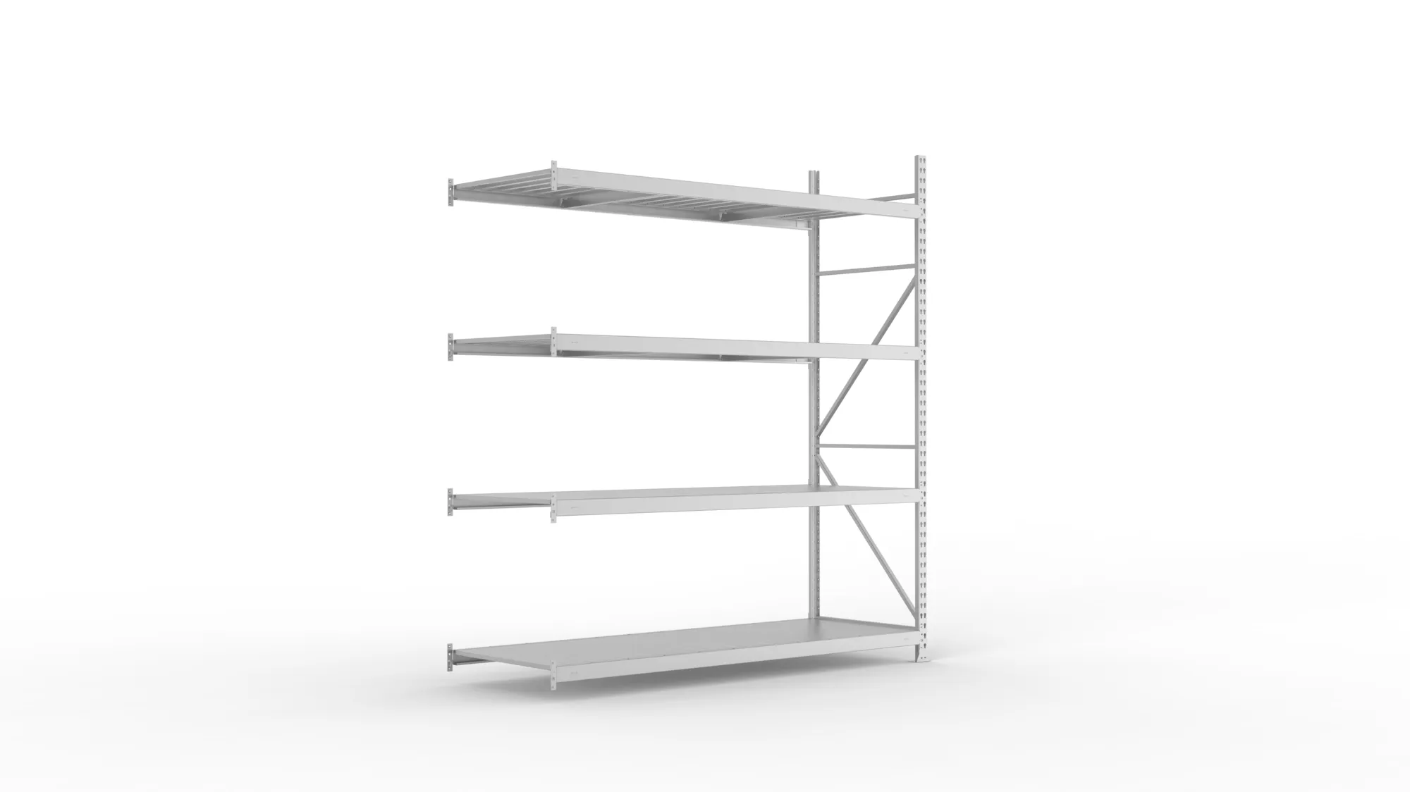 META MINI-RACK, Weitspannregal, Anbauregal, 2500 x 2200 x 800 mm, Fachlast 600 kg, Stahlpaneelböden, 4 Ebenen – Ansicht in Blickhöhe