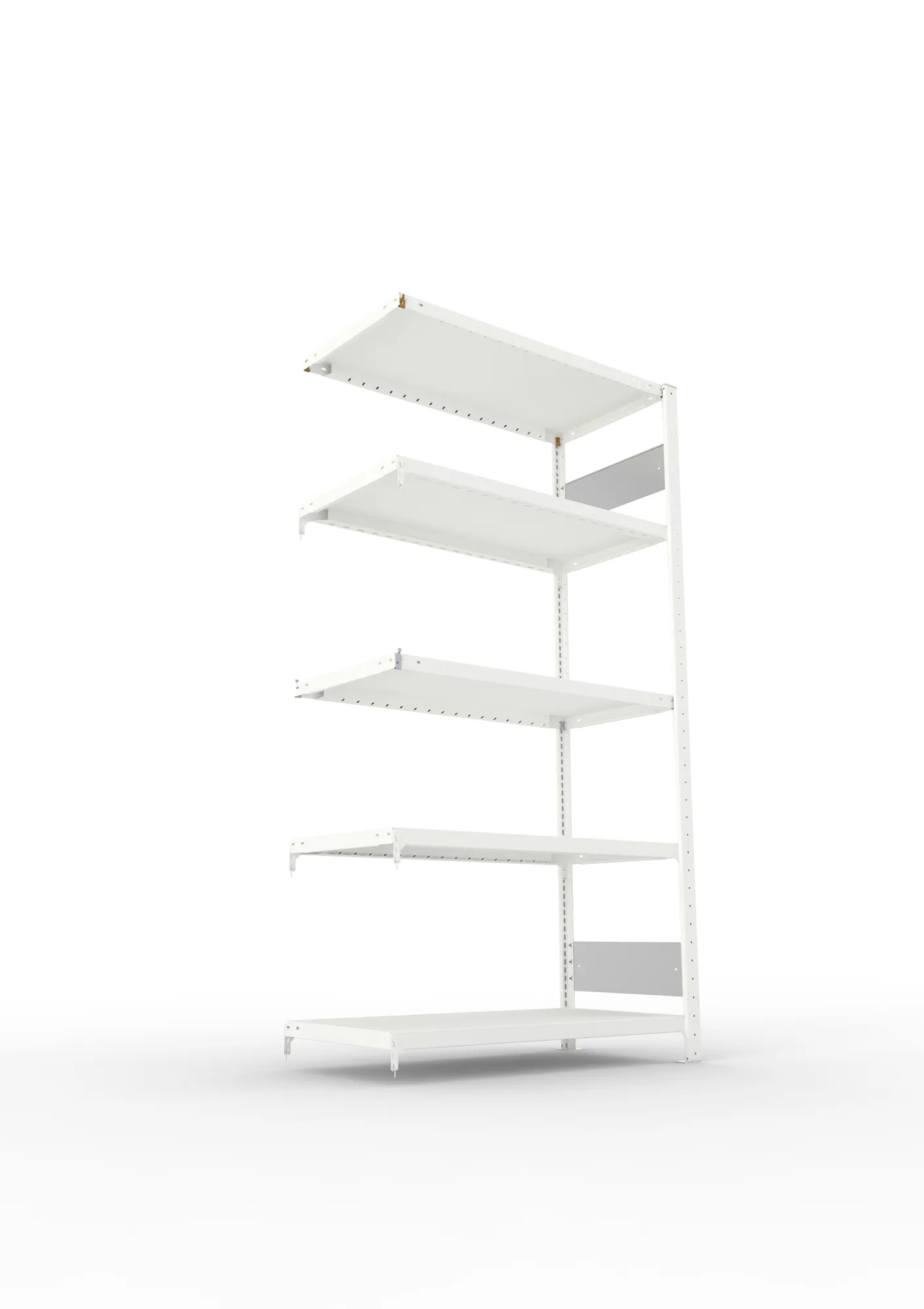 META CLIP S3, Fachbodenregal, Anbauregal, 2000 x 1000 x 600 mm, Fachlast 230 kg, 5 Ebenen, Längsriegel, RAL 7035 – Ansicht von unten