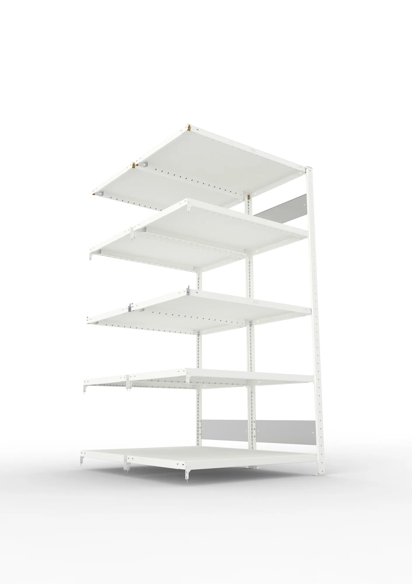 META CLIP S3, Fachbodenregal, Doppel-Anbauregal, 2000 x 1000 x 600 mm, Fachlast 230 kg, 5 Ebenen, Längsriegel, RAL 7035 – Ansicht von unten