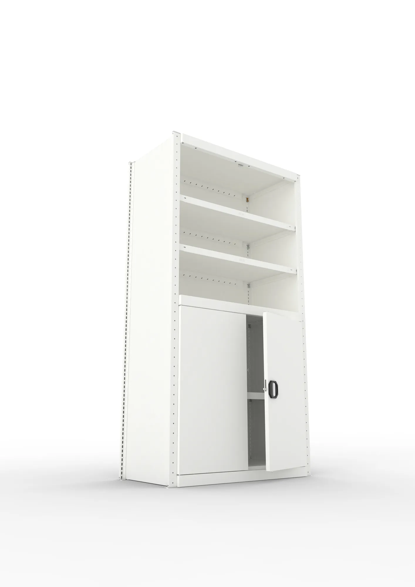 META CLIP, Schrankmodul, Grundregal, Variante 1, 2000 x 1000 x 500 mm, offene Fächer und Flügeltür unten, RAL 7035 – Ansicht von unten