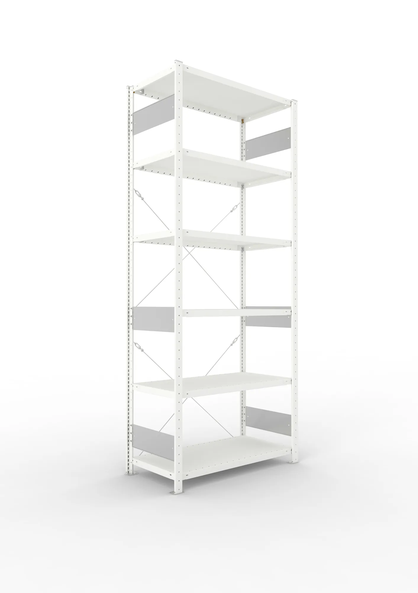 META CLIP S3, Fachbodenregal, Grundregal, 2500 x 1000 x 500 mm, Fachlast 230 kg, 6 Ebenen, RAL 7035 – Ansicht in Blickhöhe