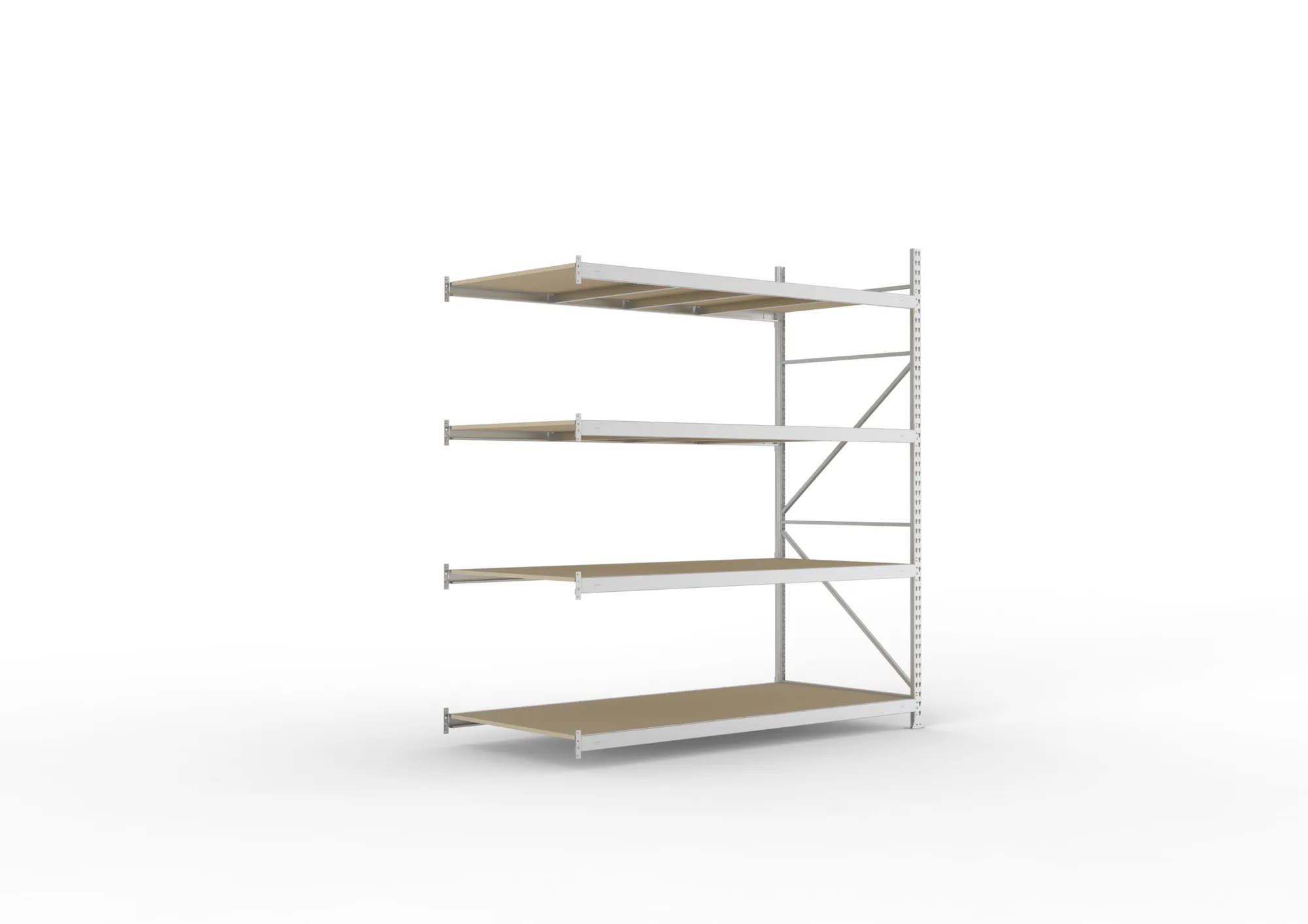 META MINI-RACK, Weitspannregal, Anbauregal, 2500 x 2200 x 1050 mm, Fachlast 600 kg, Spanplattenböden, 4 Ebenen – Ansicht in Blickhöhe