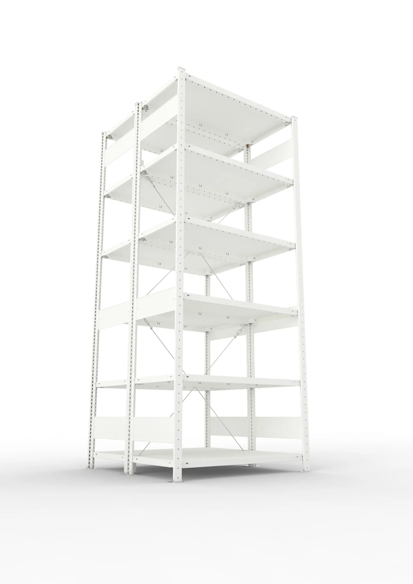 META CLIP, Fachbodenregal, Doppel-Grundregal, 2500 x 1000 x 500 mm, Fachlast 150 kg, 6 Ebenen, RAL 7035 – Ansicht von unten