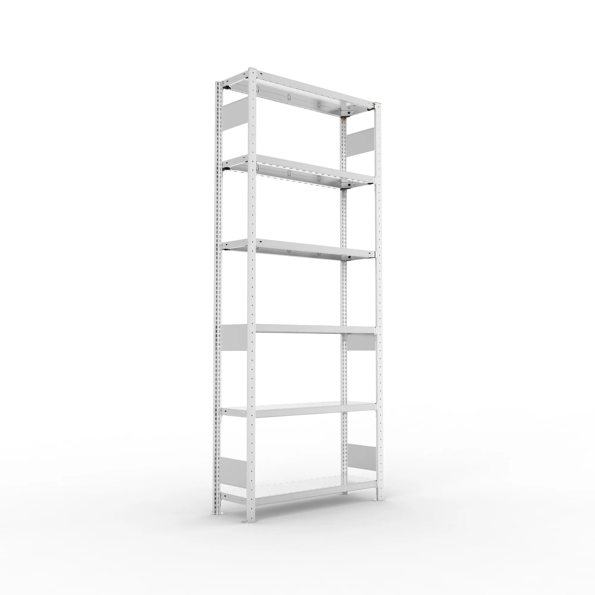 META CLIP S3, Fachbodenregal, Grundregal, 2500 x 1000 x 300 mm, Fachlast 230 kg, 6 Ebenen, Längsriegel, verzinkt – Ansicht in Blickhöhe