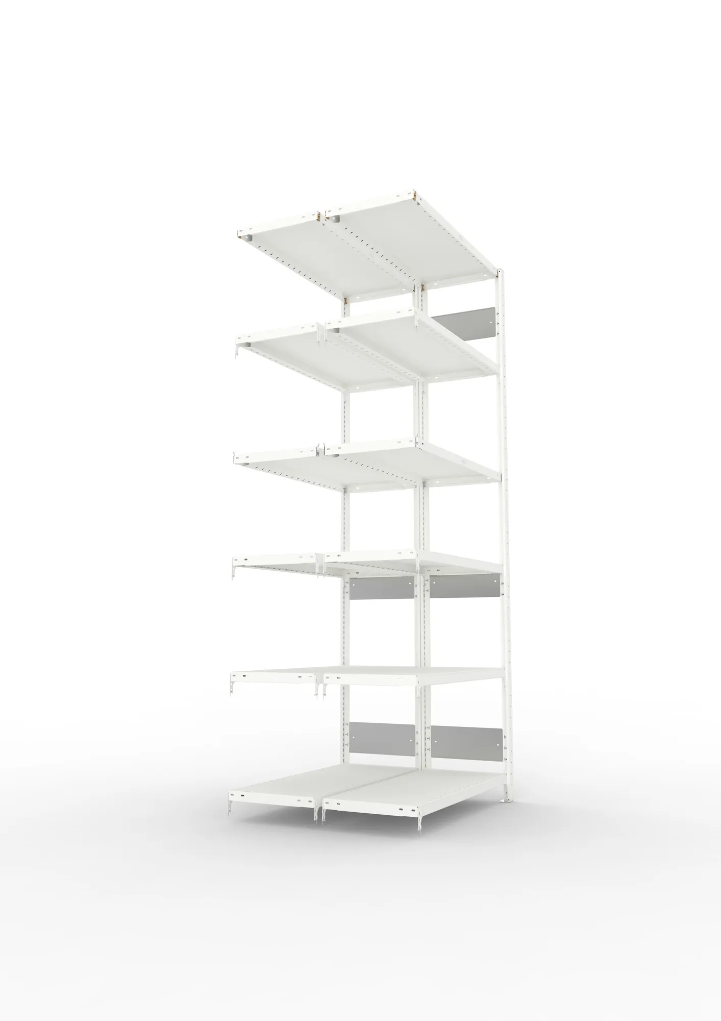 META CLIP S3, Fachbodenregal, Doppel-Anbauregal, 2500 x 1000 x 400 mm, Fachlast 230 kg, 6 Ebenen, Längsriegel, RAL 7035 – Seitenansicht