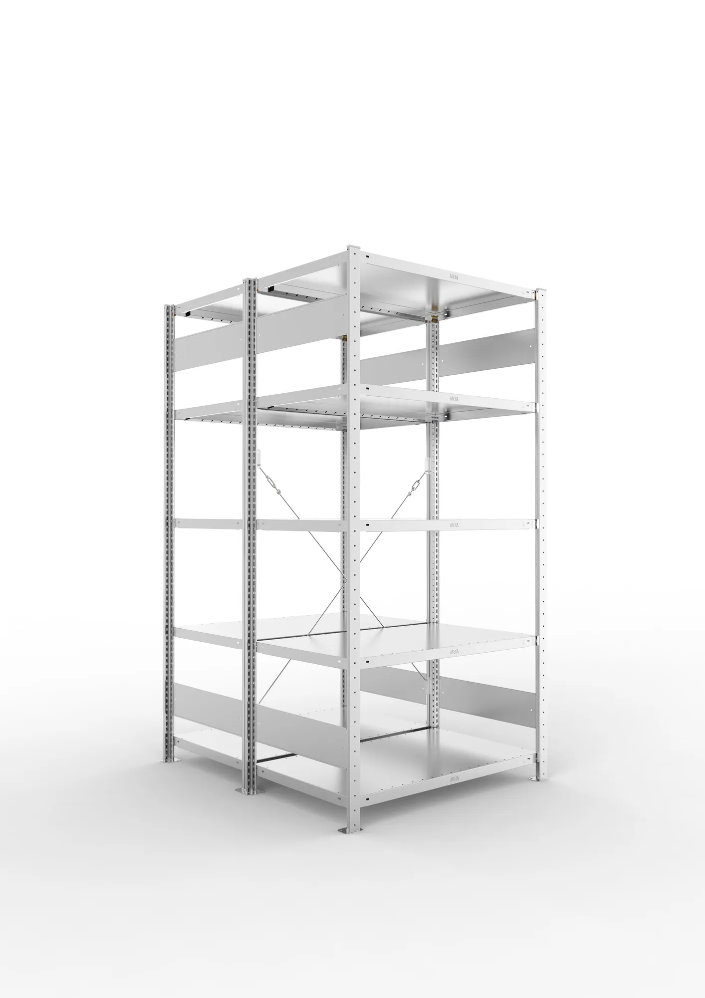 META CLIP, Fachbodenregal, Doppel-Grundregal, 2000 x 1000 x 600 mm, Fachlast 230 kg, 5 Ebenen, verzinkt – Ansicht in Blickhöhe