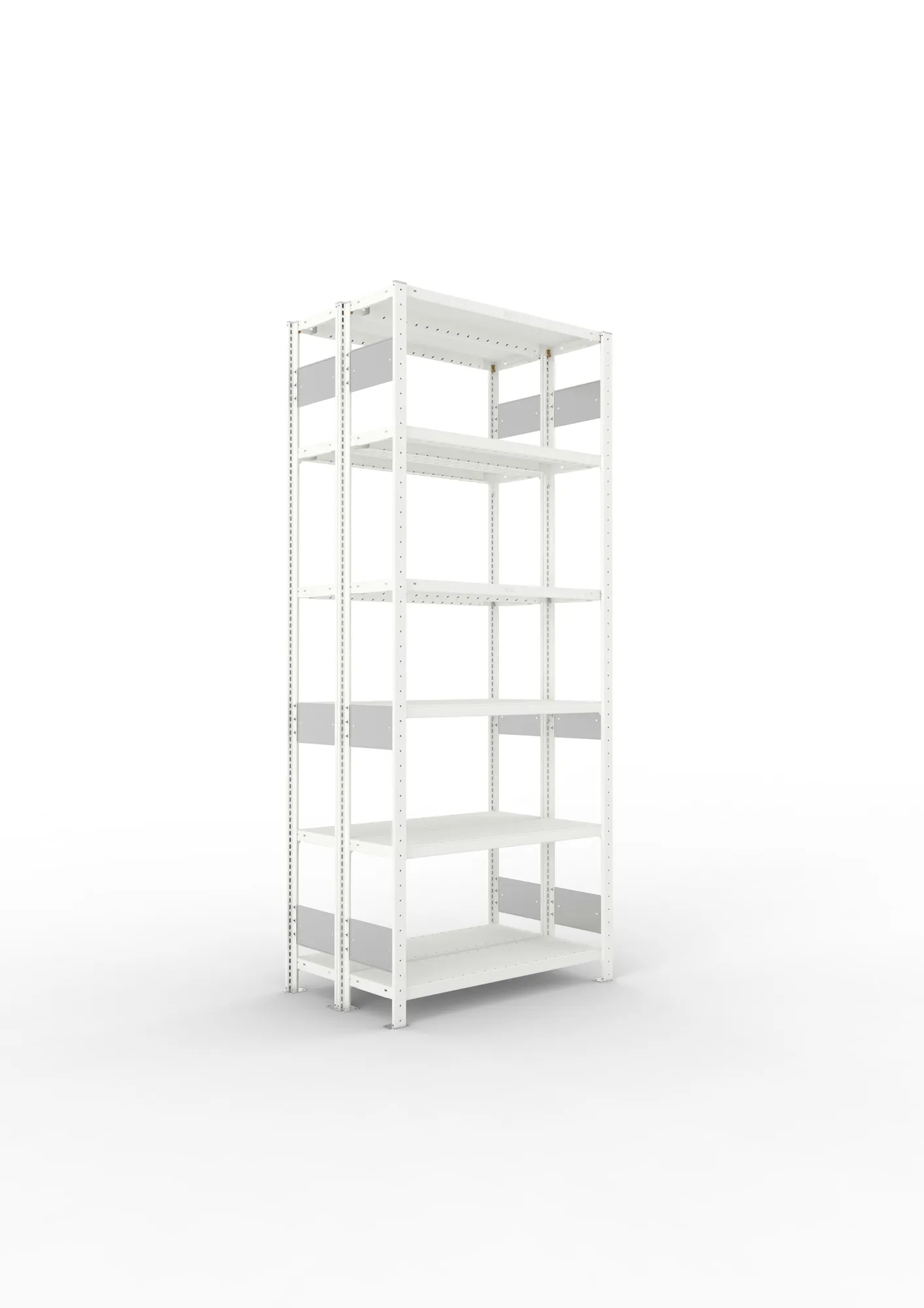 META CLIP S3, Fachbodenregal, Doppel-Grundregal, 2500 x 1000 x 300 mm, Fachlast 230 kg, 6 Ebenen, Längsriegel, RAL 7035 – Ansicht in Blickhöhe