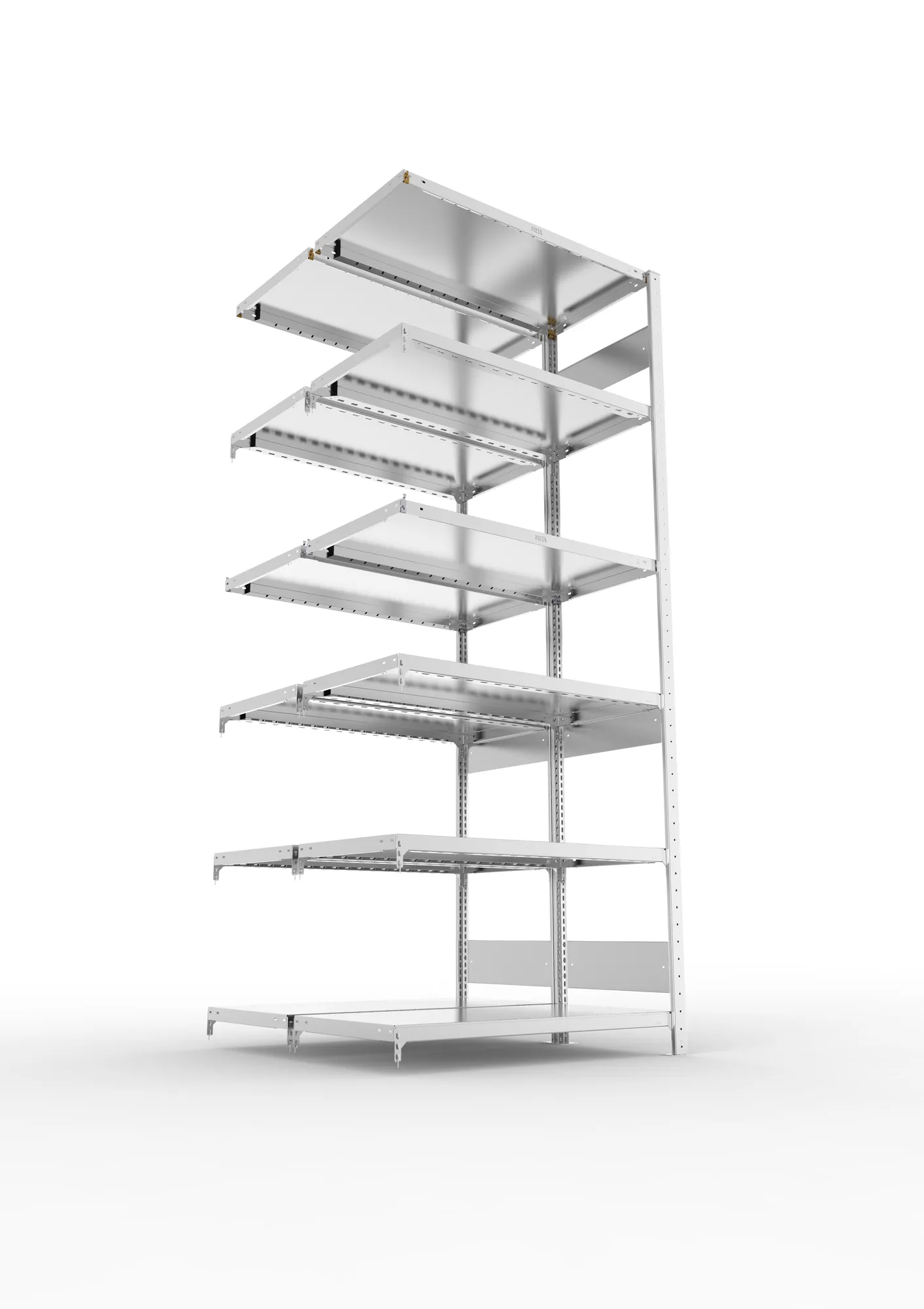 META CLIP S3, Fachbodenregal, Doppel-Anbauregal, 2500 x 1000 x 500 mm, Fachlast 230 kg, 6 Ebenen, Längsriegel, verzinkt – Ansicht von unten