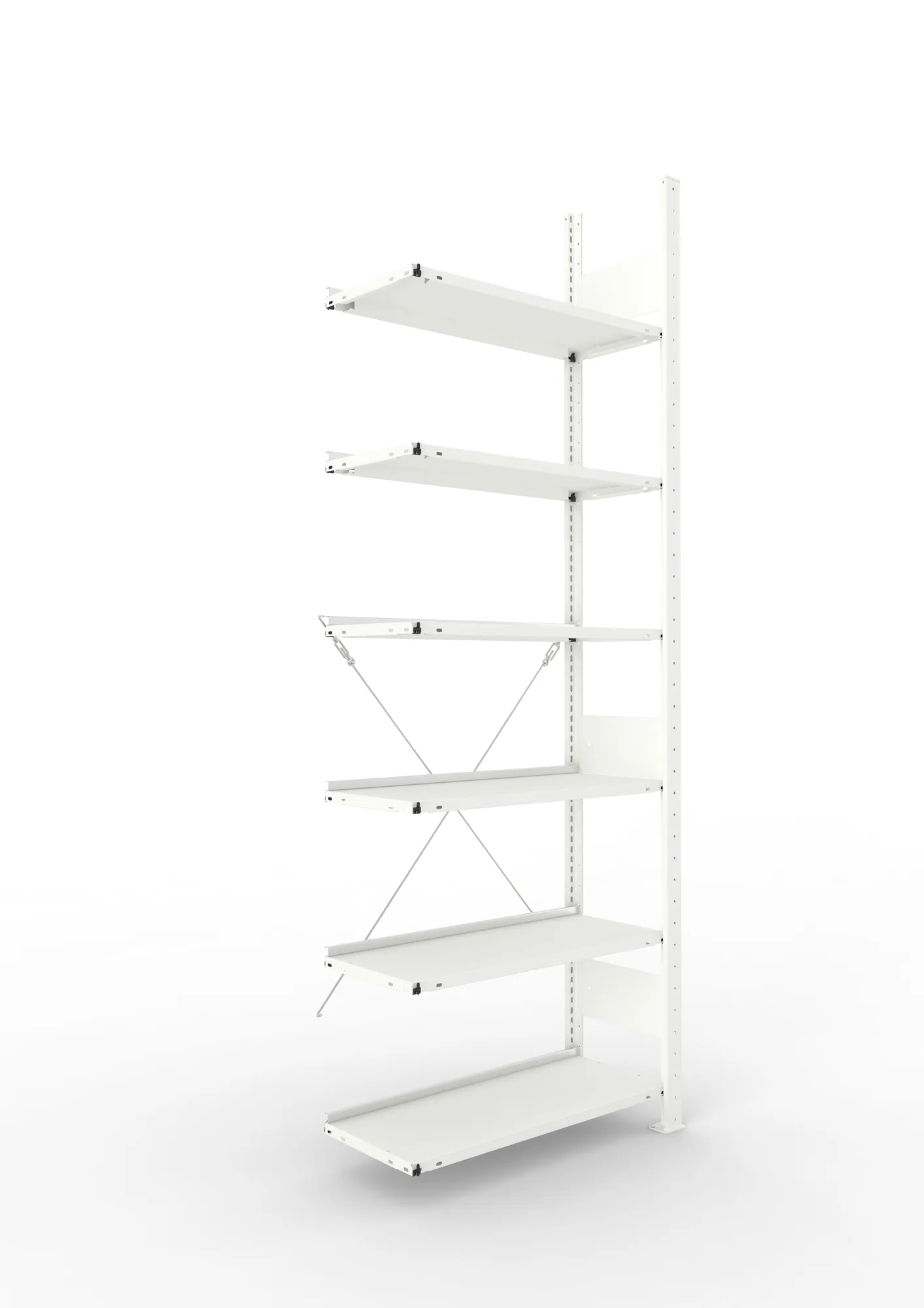 META CLIP COMPACT, Büro-Steckregal, Anbauregal, 2200 x 750 x 300 mm, Fachlast 80 kg, 6+0 Ebenen, RAL 7035 – Ansicht in Blickhöhe