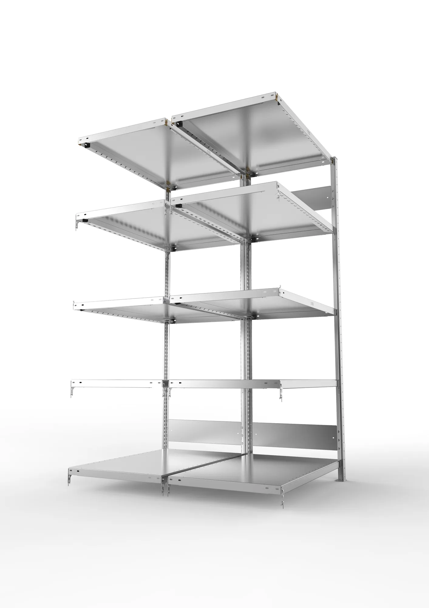 META CLIP S3, Fachbodenregal, Doppel-Anbauregal, 2000 x 1000 x 600 mm, Fachlast 230 kg, 5 Ebenen, Längsriegel, verzinkt – Seitenansicht
