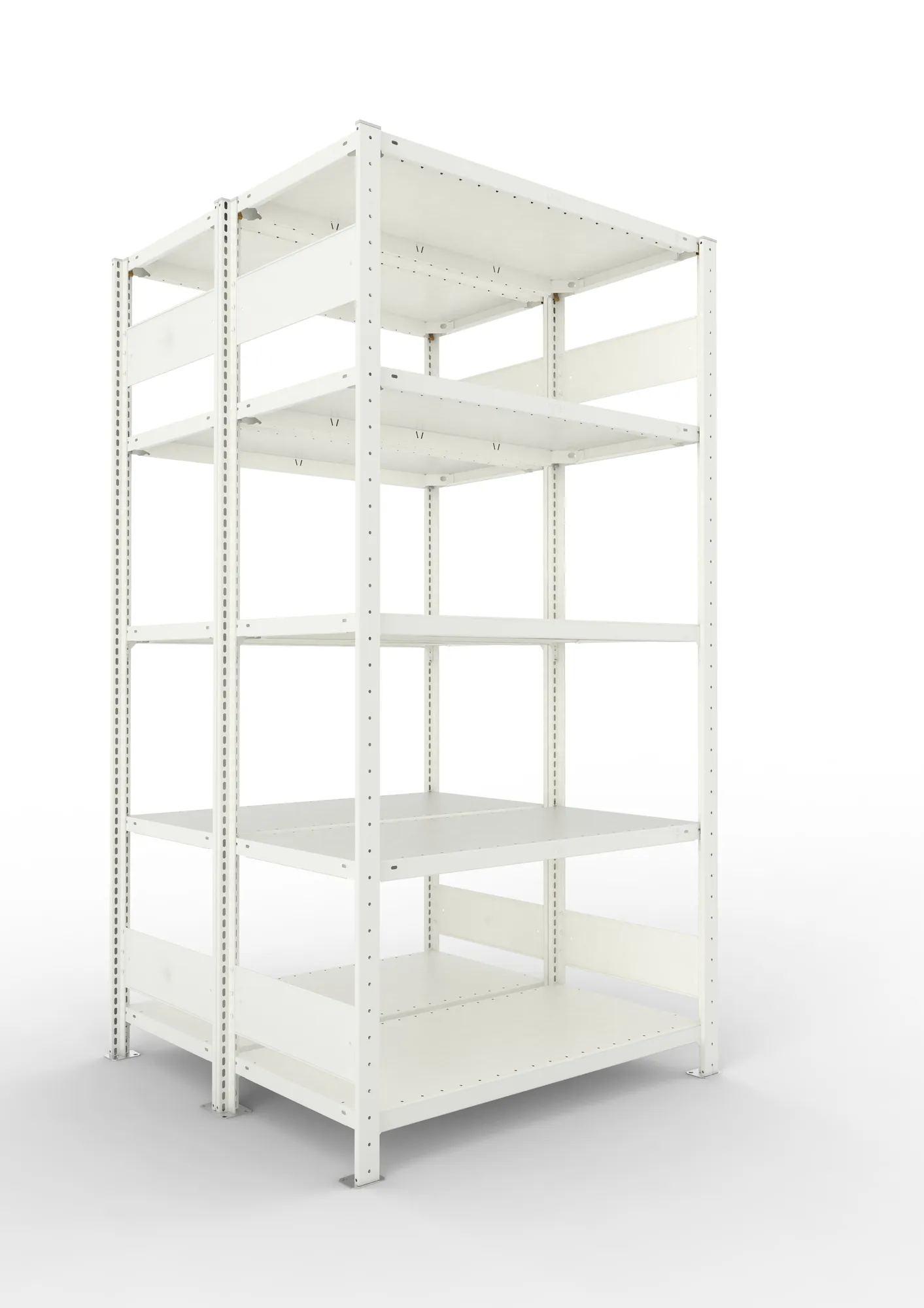 META CLIP S3, Fachbodenregal, Doppel-Grundregal, 2000 x 1000 x 500 mm, Fachlast 150 kg, 5 Ebenen, Längsriegel, RAL 7035 – Ansicht in Blickhöhe