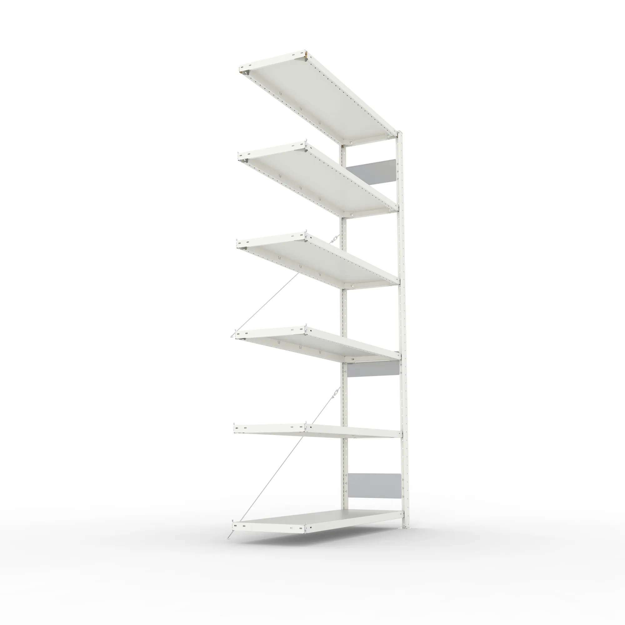 META CLIP S3, Fachbodenregal, Anbauregal, 2500 x 1300 x 400 mm, Fachlast 150 kg, 6 Ebenen, RAL 7035 – Seitenansicht