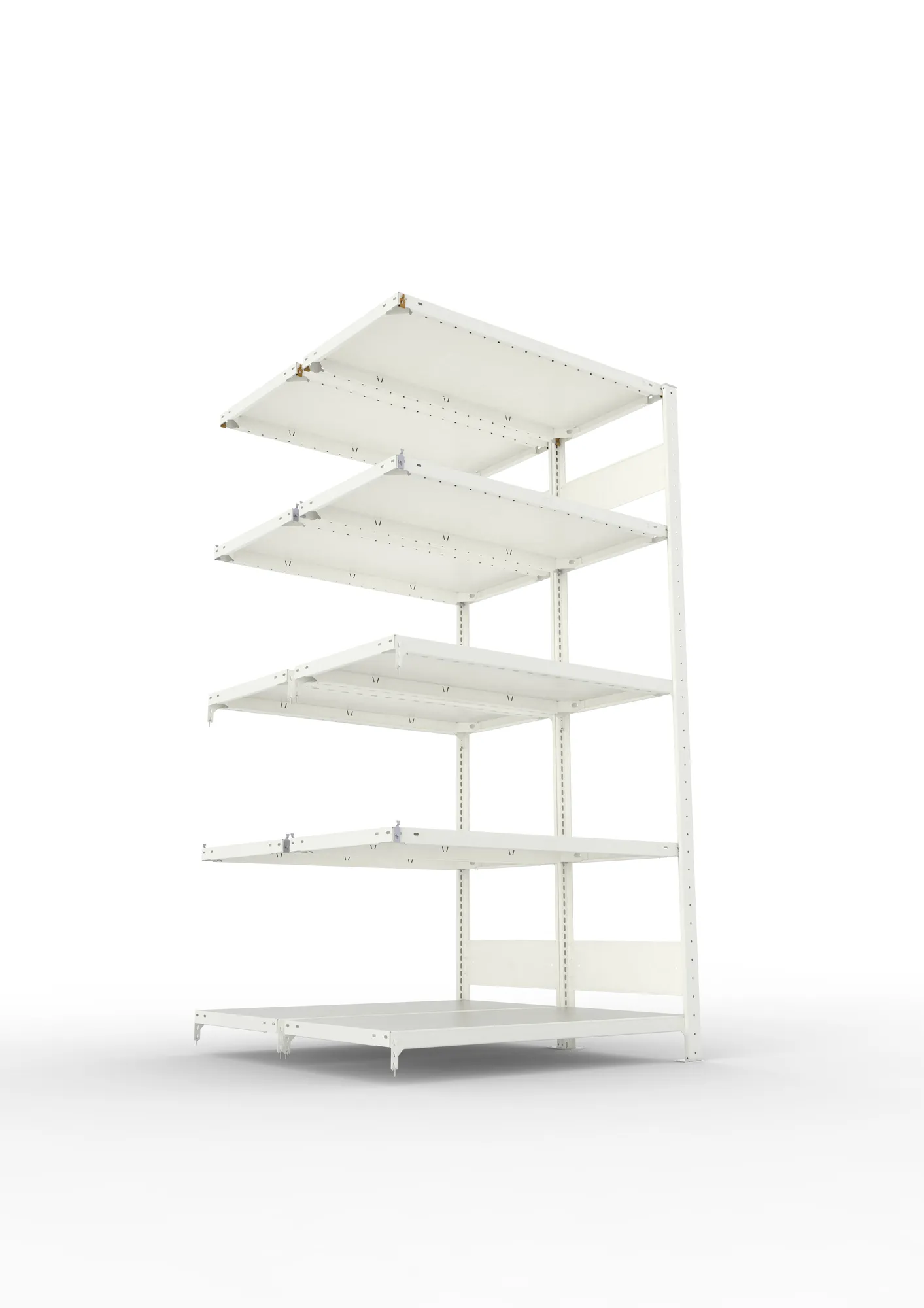 META CLIP S3, Fachbodenregal, Doppel-Anbauregal, 2000 x 1000 x 500 mm, Fachlast 150 kg, 5 Ebenen, Längsriegel, RAL 7035 – Ansicht von unten