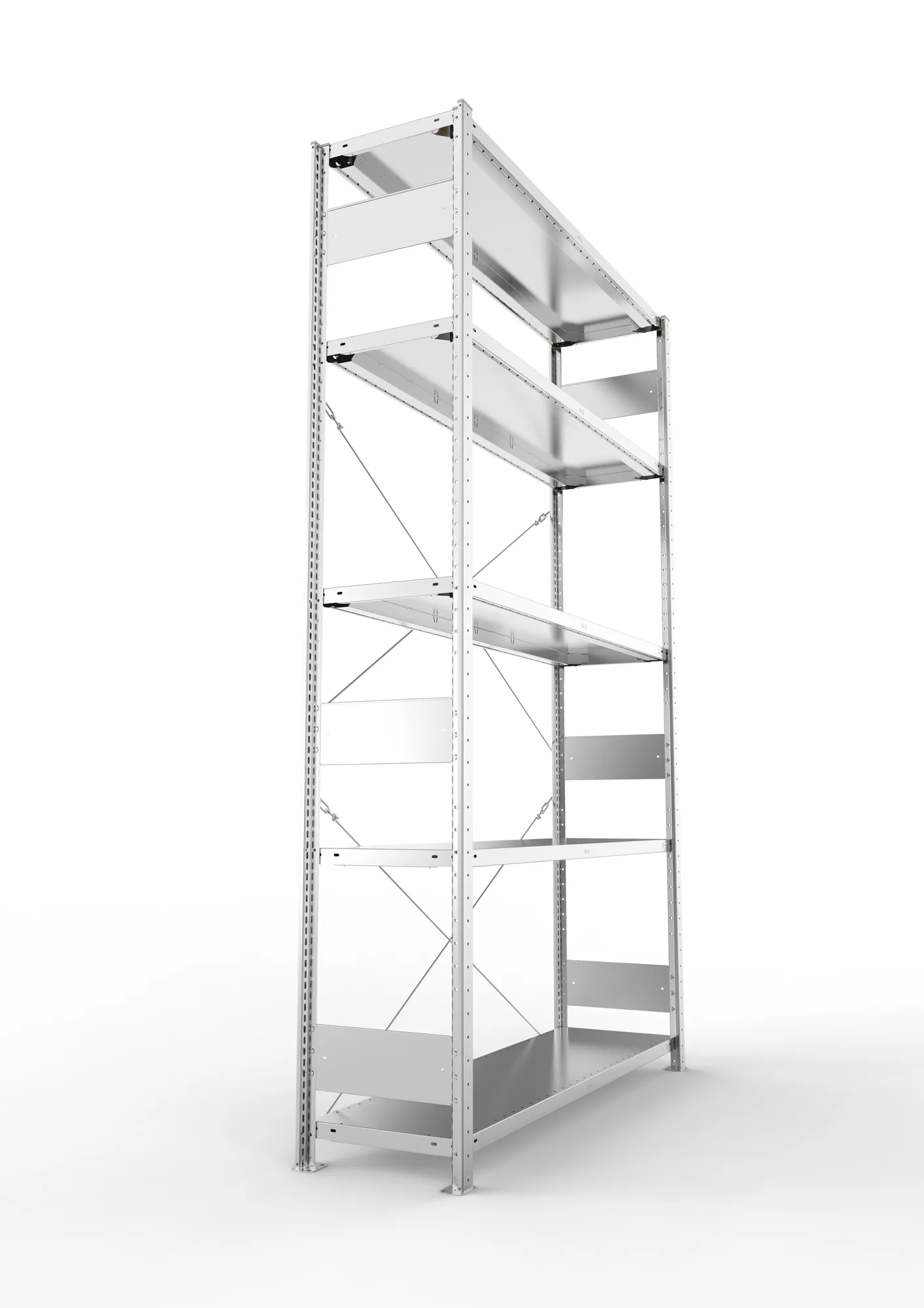 META CLIP S3, Fachbodenregal, Grundregal, 2500 x 1500 x 400 mm, Fachlast 200 kg, 4 Ebenen, verzinkt – Seitenansicht