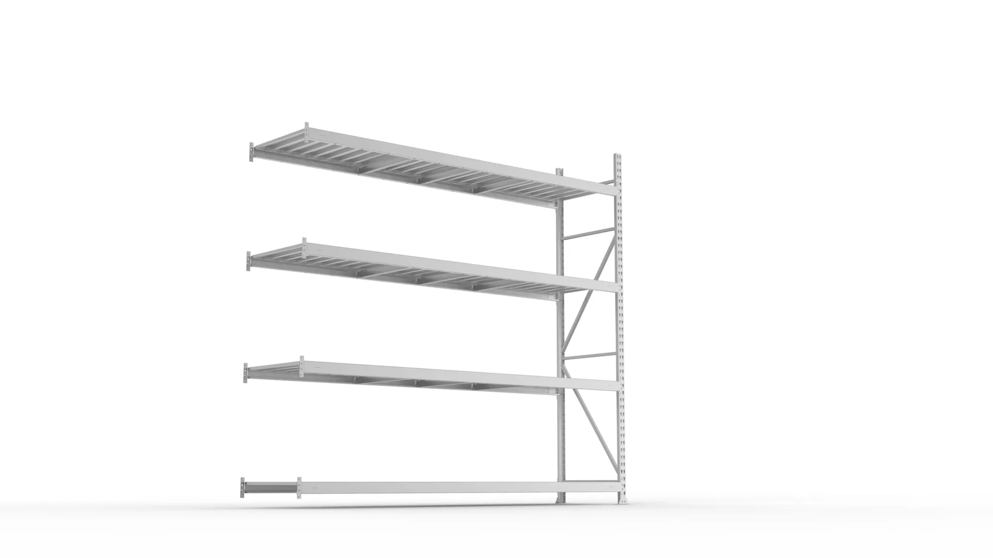 META MINI-RACK, Weitspannregal, Anbauregal, 2500 x 2600 x 650 mm, Fachlast 490 kg, Stahlpaneelböden, 4 Ebenen – Ansicht von unten