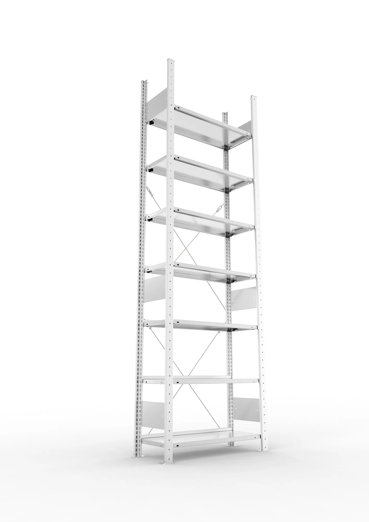 META CLIP COMPACT S3, Büro-Steckregal, Grundregal, 2500 x 750 x 300 mm, Fachlast 80 kg, 7+0 Ebenen, Endanschlag, verzinkt – Ansicht von unten