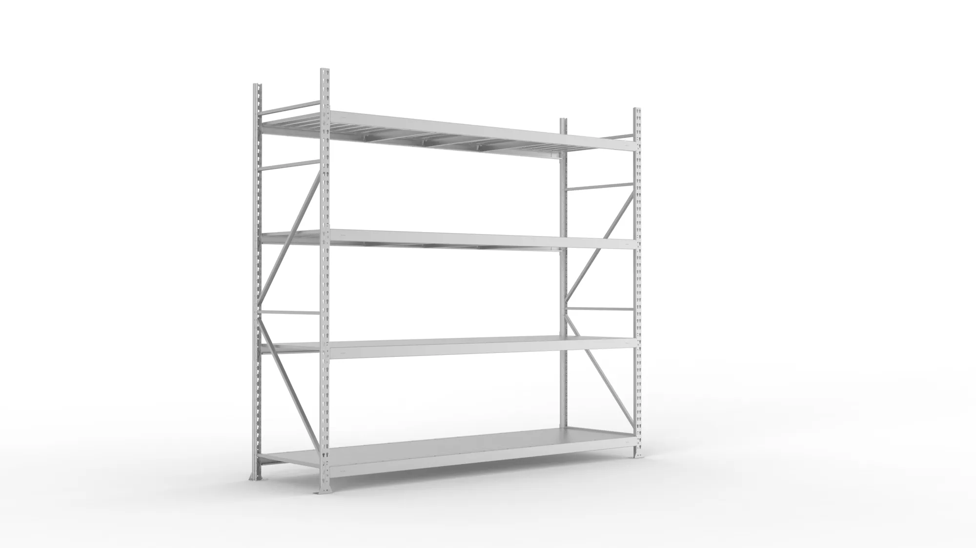 META MINI-RACK, Weitspannregal, Grundregal, 2500 x 2600 x 800 mm, Fachlast 490 kg, Stahlpaneelböden, 4 Ebenen – Ansicht in Blickhöhe