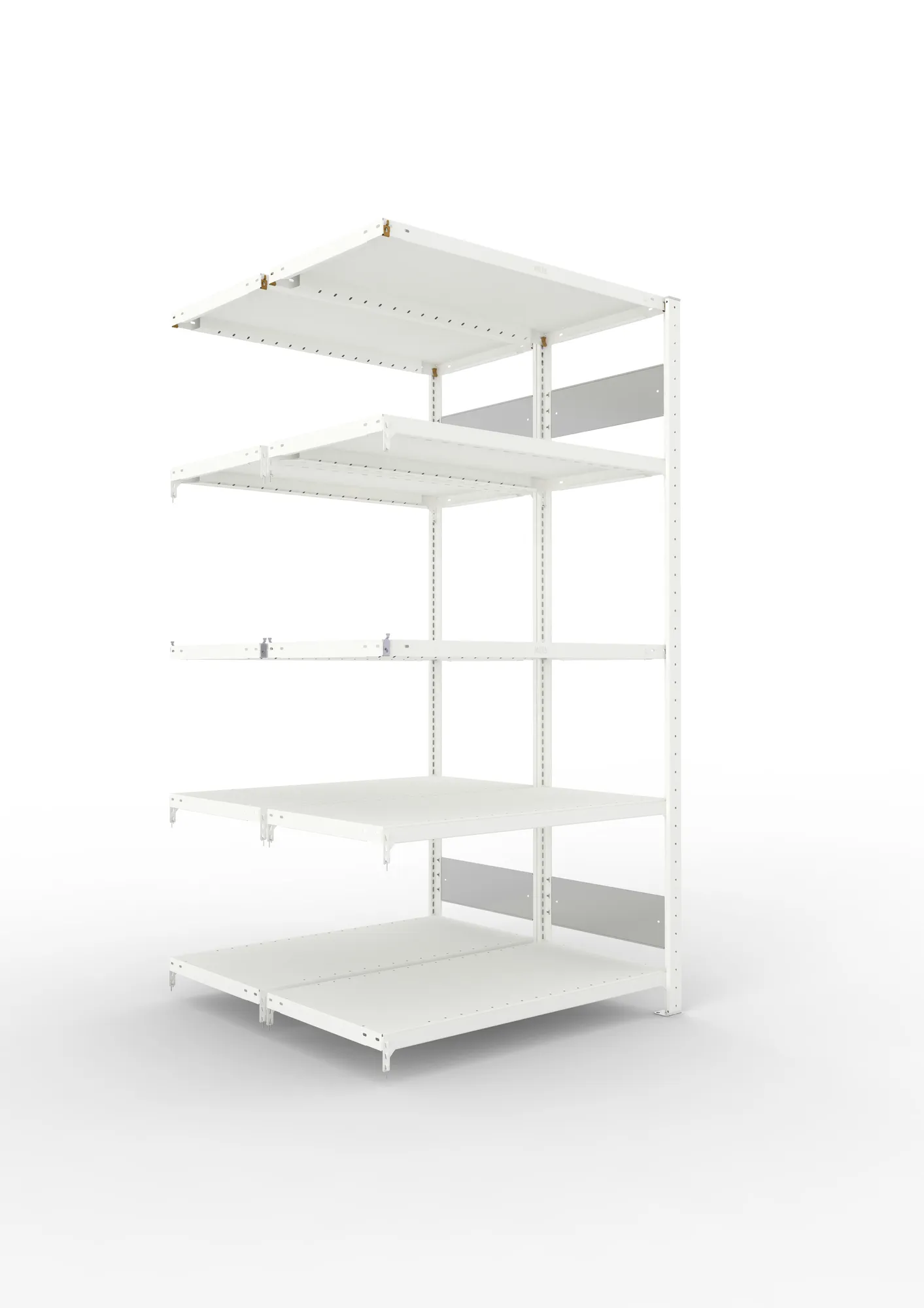 META CLIP S3, Fachbodenregal, Doppel-Anbauregal, 2000 x 1000 x 500 mm, Fachlast 230 kg, 5 Ebenen, Längsriegel, RAL 7035 – Ansicht in Blickhöhe
