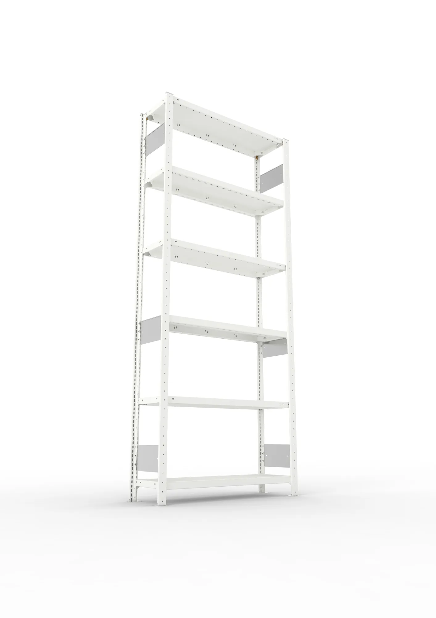 META CLIP S3, Fachbodenregal, Grundregal, 2500 x 1000 x 300 mm, Fachlast 150 kg, 6 Ebenen, Längsriegel, RAL 7035 – Ansicht von unten