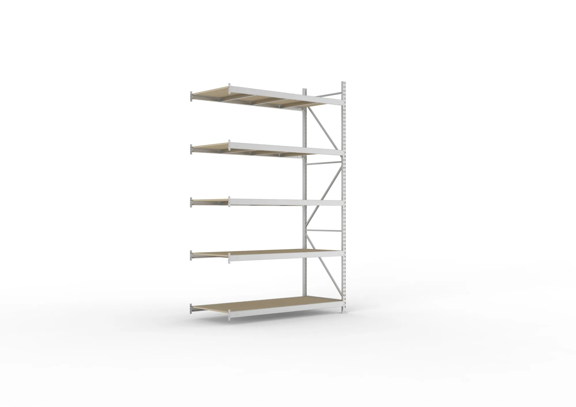 META MINI-RACK, Weitspannregal, Anbauregal, 3000 x 1800 x 800 mm, Fachlast 600 kg, Spanplattenböden, 5 Ebenen – Ansicht in Blickhöhe
