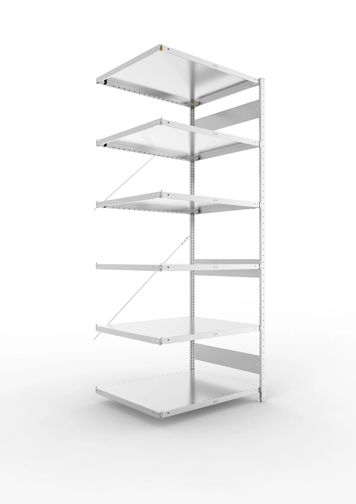 META CLIP, Fachbodenregal, Anbauregal, 2500 x 1000 x 800 mm, Fachlast 230 kg, 6 Ebenen, verzinkt – Ansicht in Blickhöhe