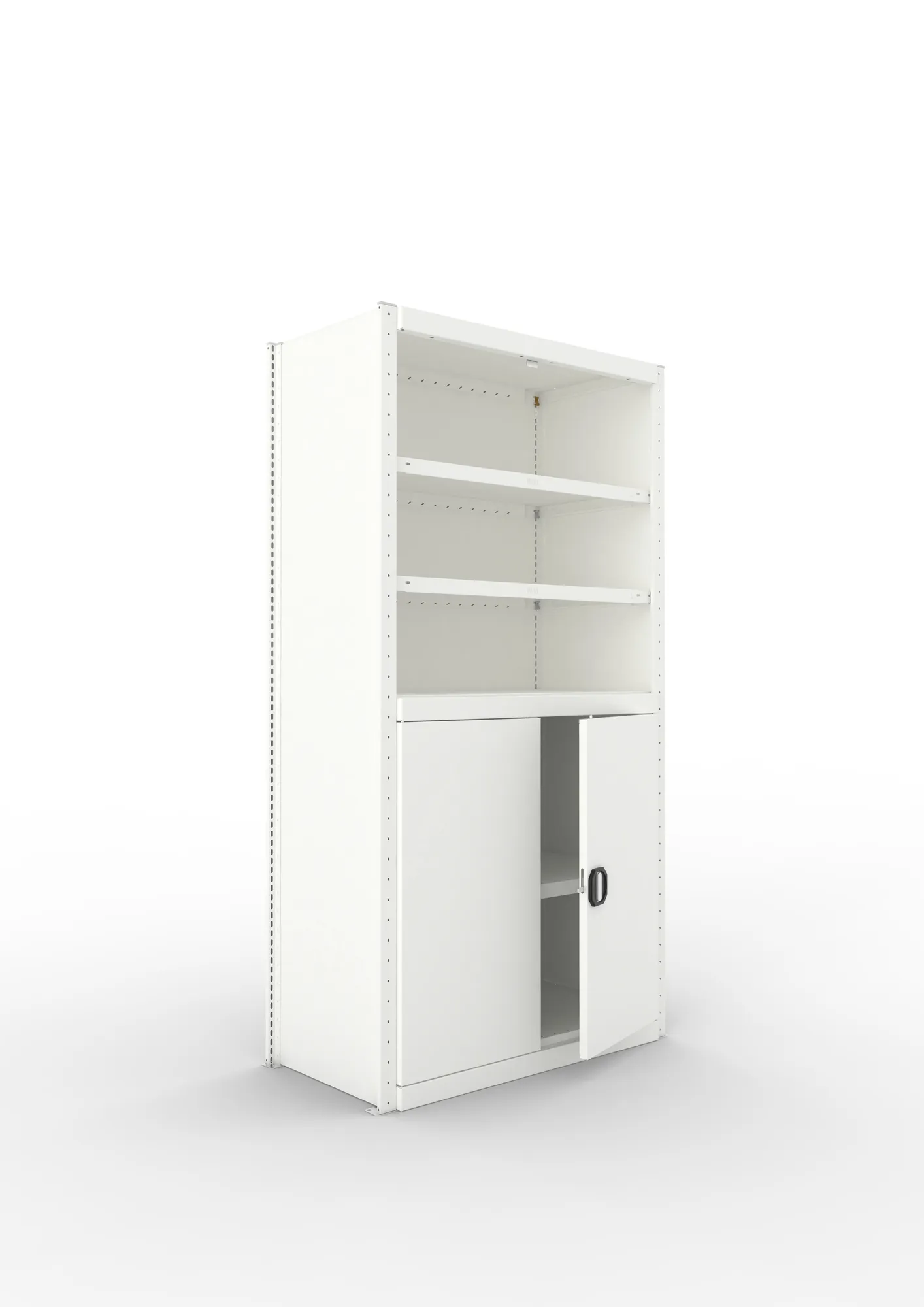 META CLIP, Schrankmodul, Grundregal, Variante 1, 2000 x 1000 x 500 mm, offene Fächer und Flügeltür unten, RAL 7035 – Ansicht in Blickhöhe