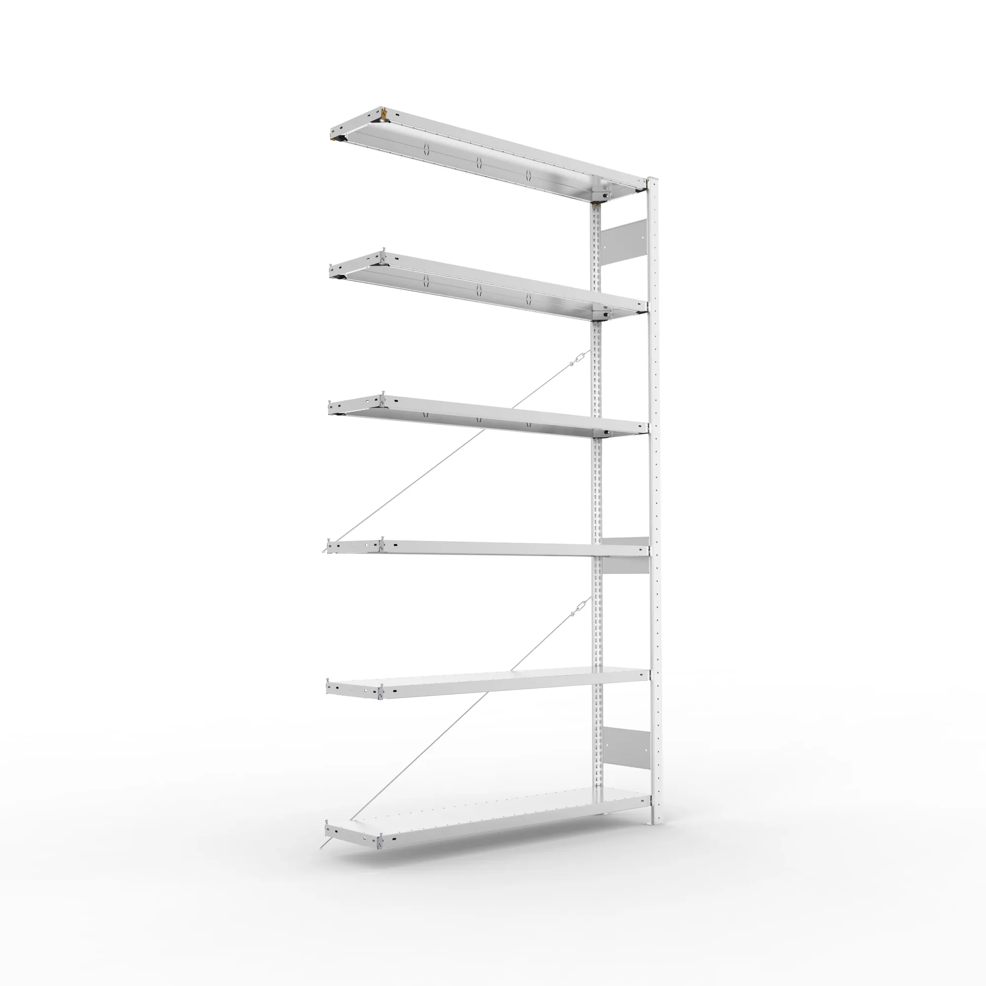 META CLIP, Fachbodenregal, Anbauregal, 2500 x 1300 x 300 mm, Fachlast 230 kg, 6 Ebenen, verzinkt – Ansicht in Blickhöhe
