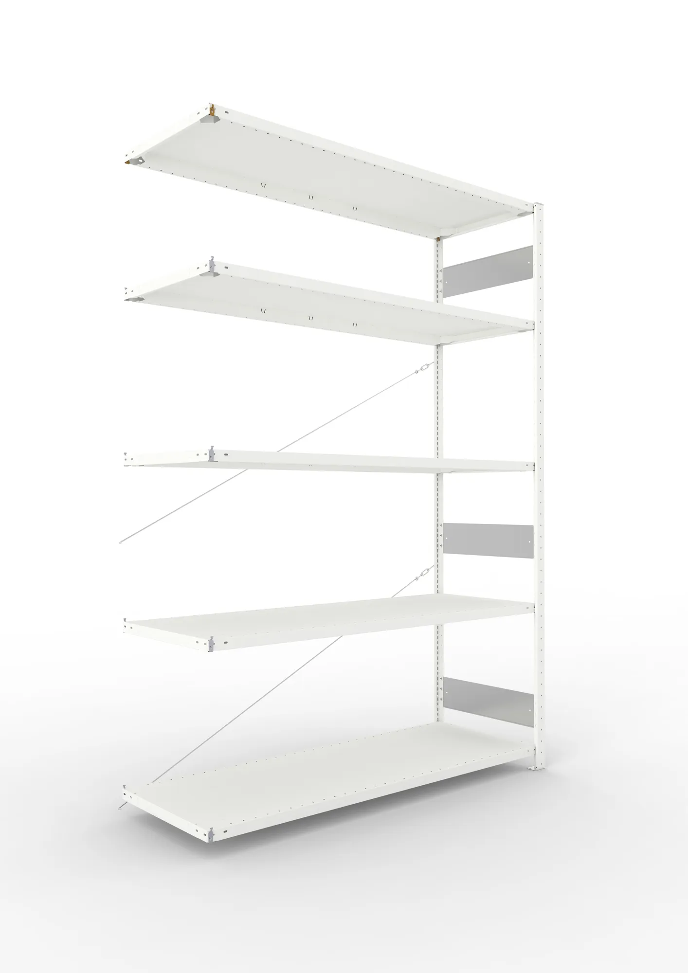 META CLIP S3, Fachbodenregal, Anbauregal, 2500 x 1700 x 600 mm, Fachlast 200 kg, 4 Ebenen, RAL 7035 – Ansicht in Blickhöhe