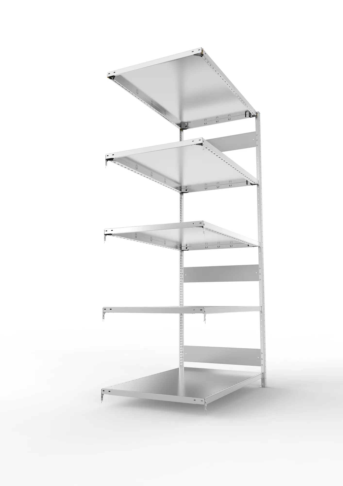 META CLIP S3, Fachbodenregal, Anbauregal, 2500 x 1300 x 800 mm, Fachlast 230 kg, 5 Ebenen, Längsriegel, verzinkt – Seitenansicht