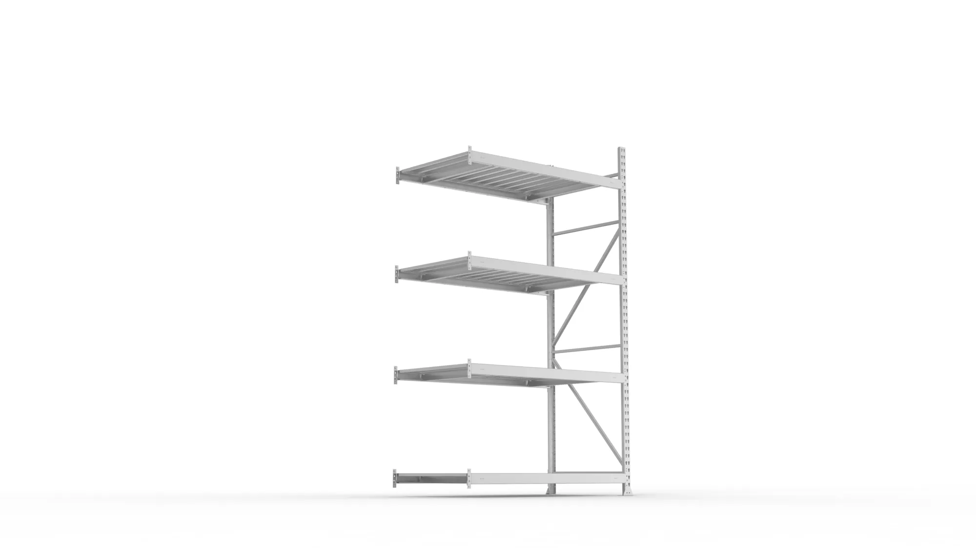 META MINI-RACK, Weitspannregal, Anbauregal, 2500 x 1400 x 800 mm, Fachlast 600 kg, Stahlpaneelböden, 4 Ebenen – Ansicht von unten