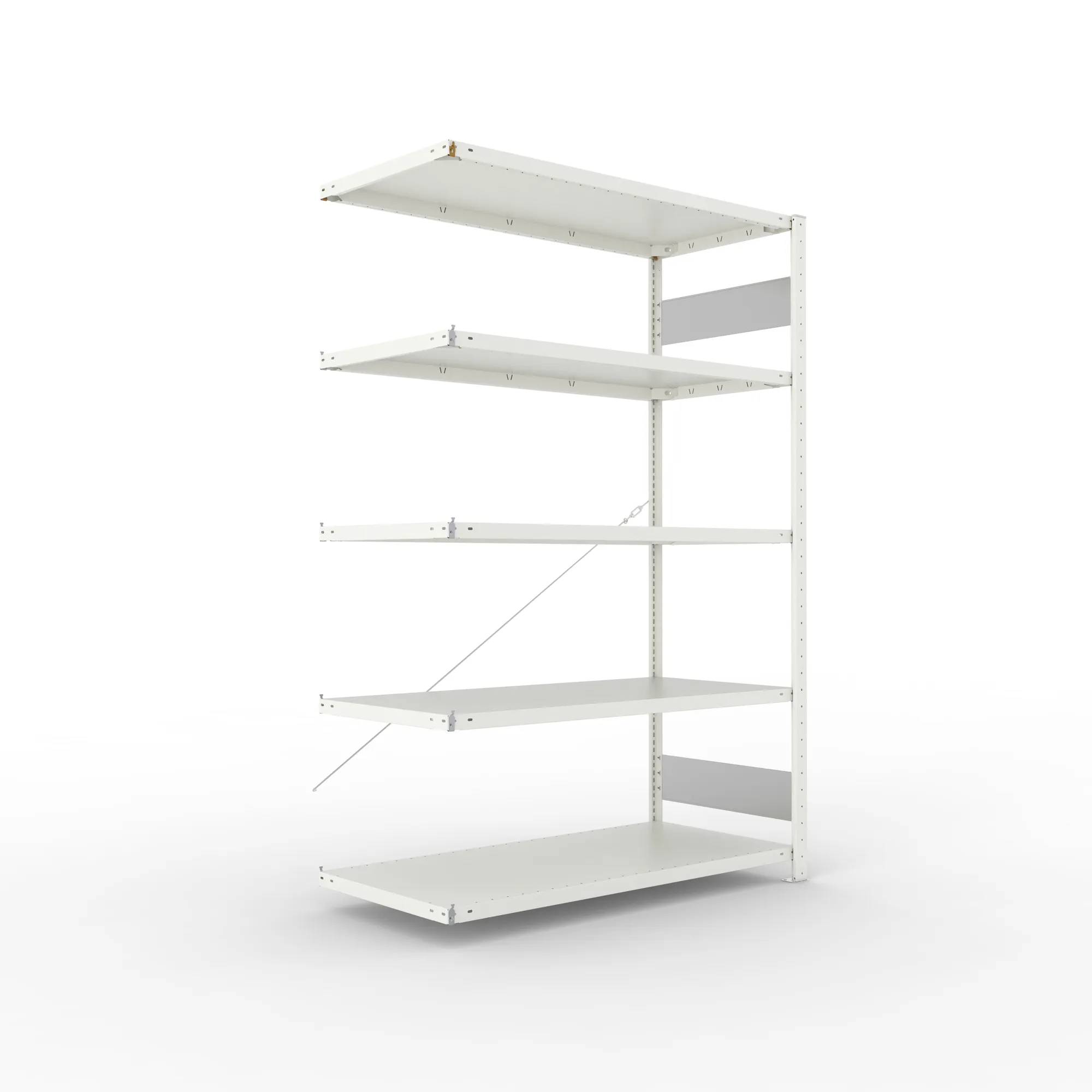 META CLIP S3, Fachbodenregal, Anbauregal, 2000 x 1300 x 600 mm, Fachlast 230 kg, 5 Ebenen, RAL 7035 – Ansicht in Blickhöhe