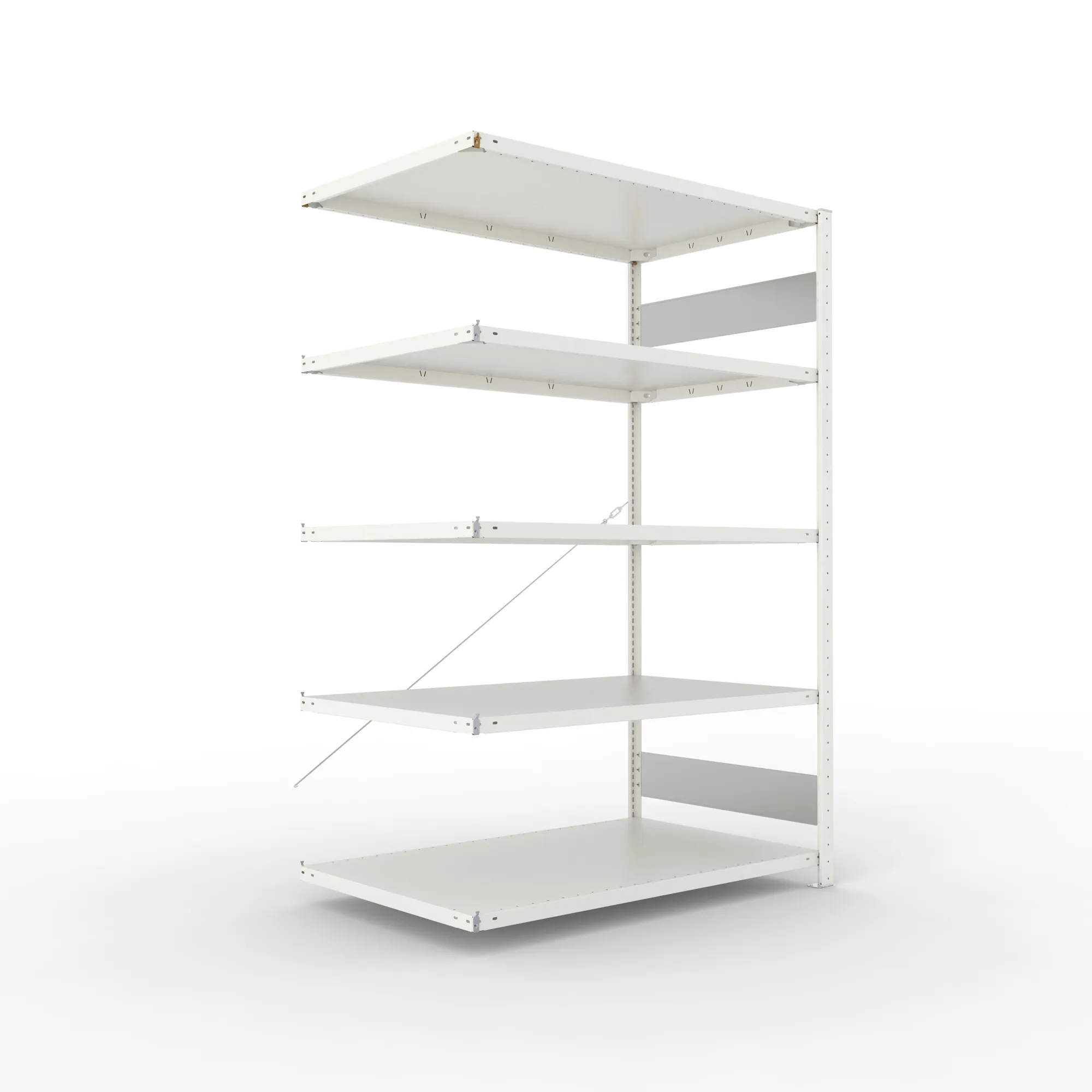 META CLIP S3, Fachbodenregal, Anbauregal, 2000 x 1300 x 800 mm, Fachlast 230 kg, 5 Ebenen, RAL 7035 – Ansicht in Blickhöhe