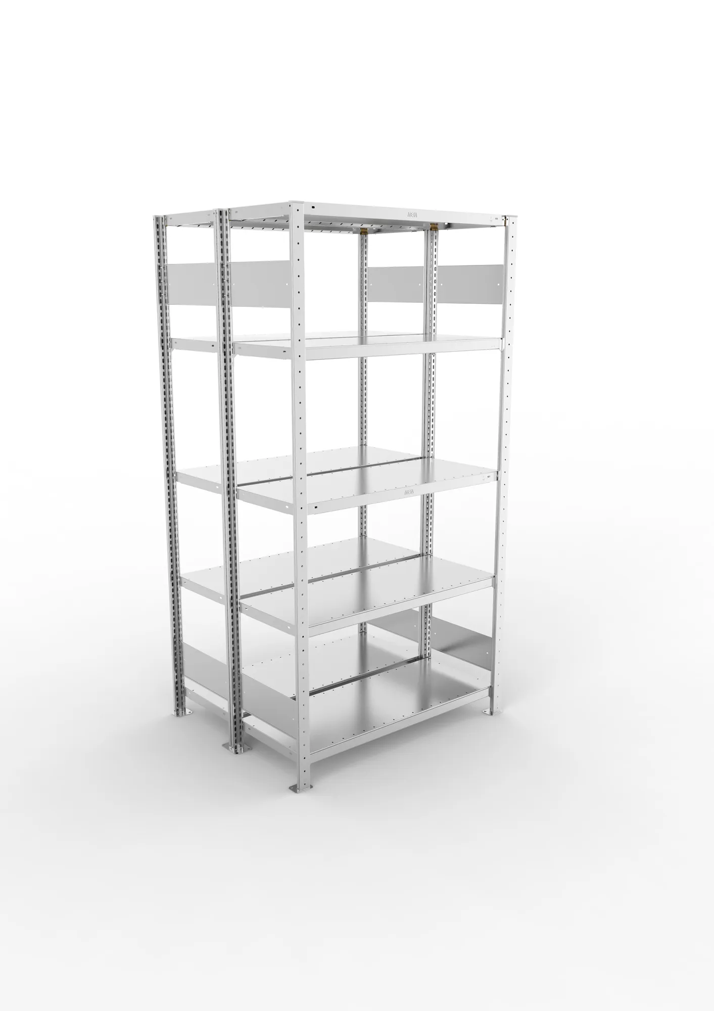 META CLIP S3, Fachbodenregal, Doppel-Grundregal, 2000 x 1000 x 400 mm, Fachlast 230 kg, 5 Ebenen, Längsriegel, verzinkt – Ansicht von oben