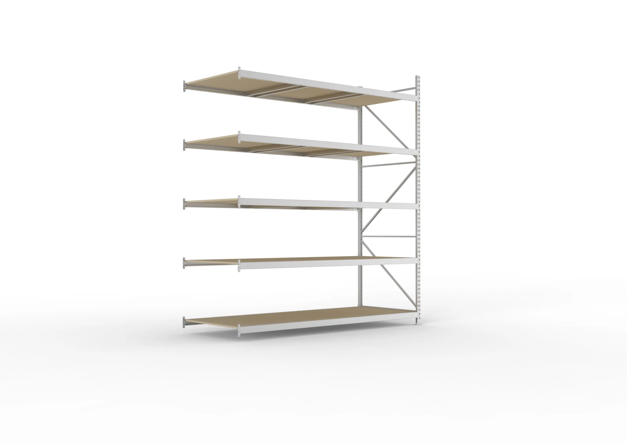META MINI-RACK, Weitspannregal, Anbauregal, 3000 x 2600 x 1050 mm, Fachlast 490 kg, Spanplattenböden, 5 Ebenen – Ansicht in Blickhöhe