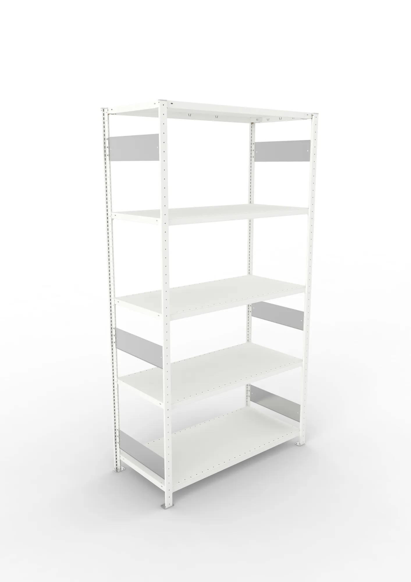 META CLIP S3, Fachbodenregal, Grundregal, 2500 x 1300 x 600 mm, Fachlast 230 kg, 5 Ebenen, Längsriegel, RAL 7035 – Ansicht von oben