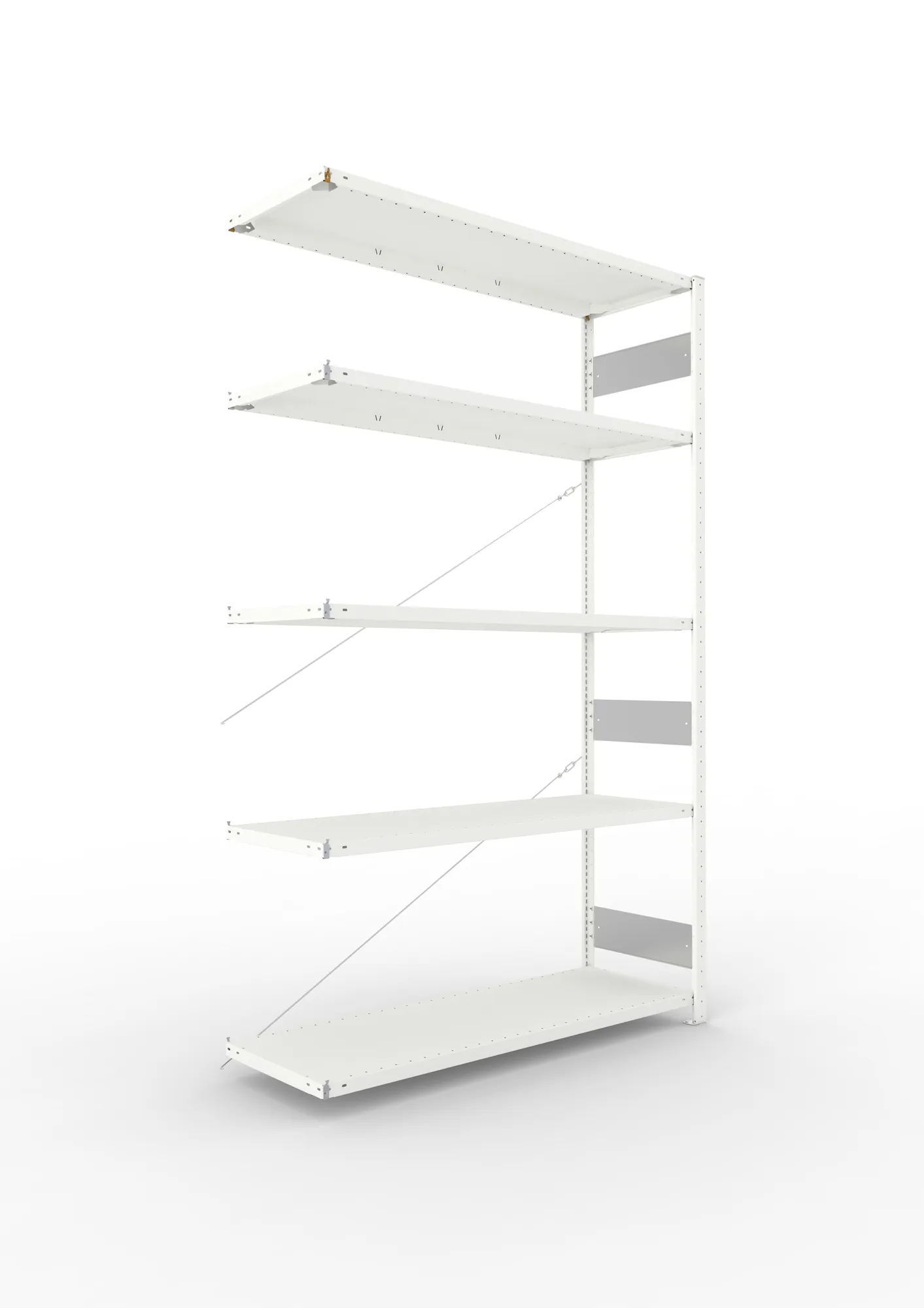 META CLIP S3, Fachbodenregal, Anbauregal, 2500 x 1500 x 500 mm, Fachlast 200 kg, 4 Ebenen, RAL 7035 – Ansicht in Blickhöhe