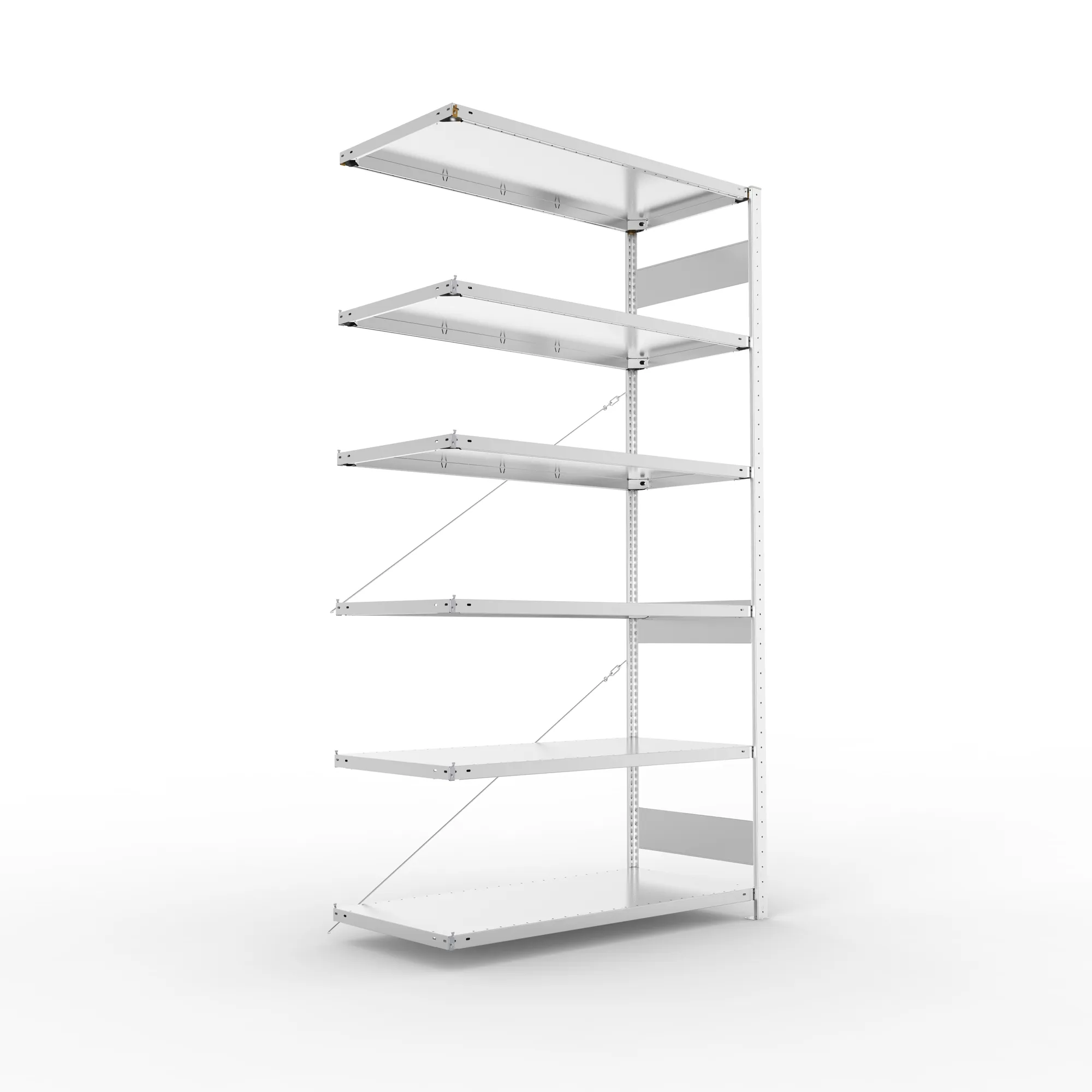 META CLIP S3, Fachbodenregal, Anbauregal, 2500 x 1300 x 600 mm, Fachlast 150 kg, 6 Ebenen, verzinkt – Ansicht in Blickhöhe