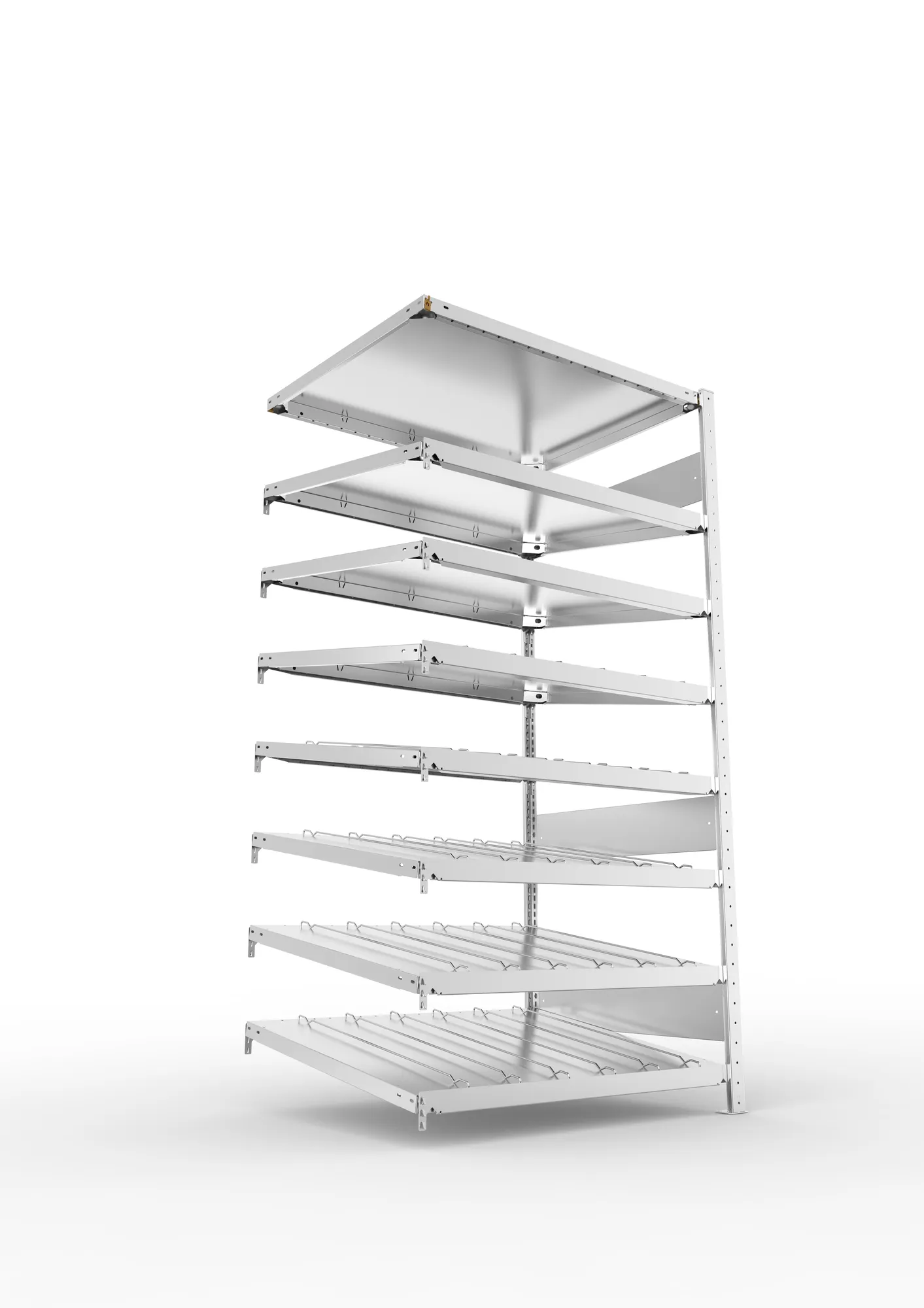 META CLIP S3, Schrägbodenregal, Anbauregal, 2000 x 1000 x 800 mm, Fachlast 230 kg, 8 Ebenen, verzinkt – Ansicht von unten