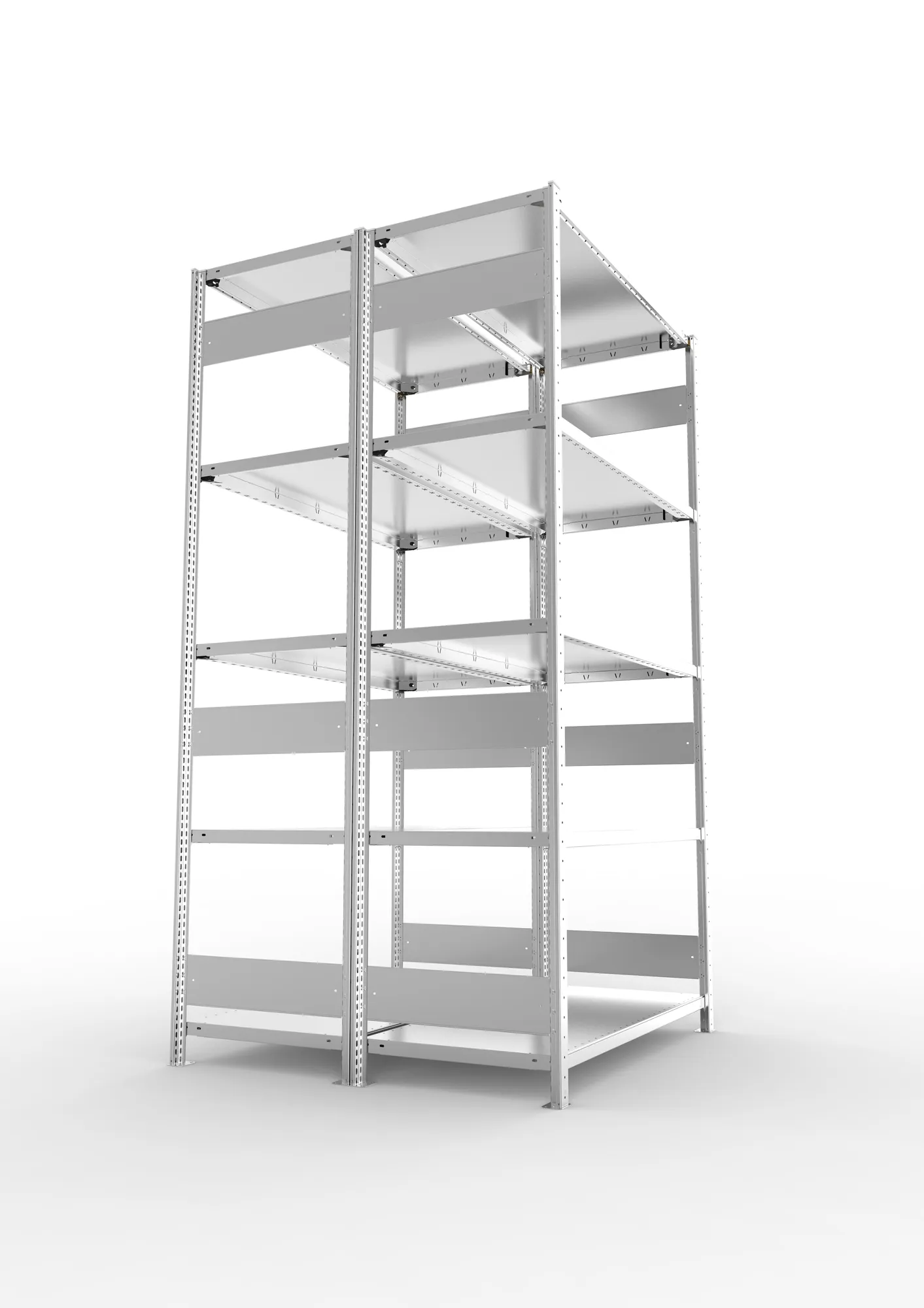 META CLIP S3, Fachbodenregal, Doppel-Grundregal, 2500 x 1300 x 600 mm, Fachlast 230 kg, 5 Ebenen, Längsriegel, verzinkt – Seitenansicht