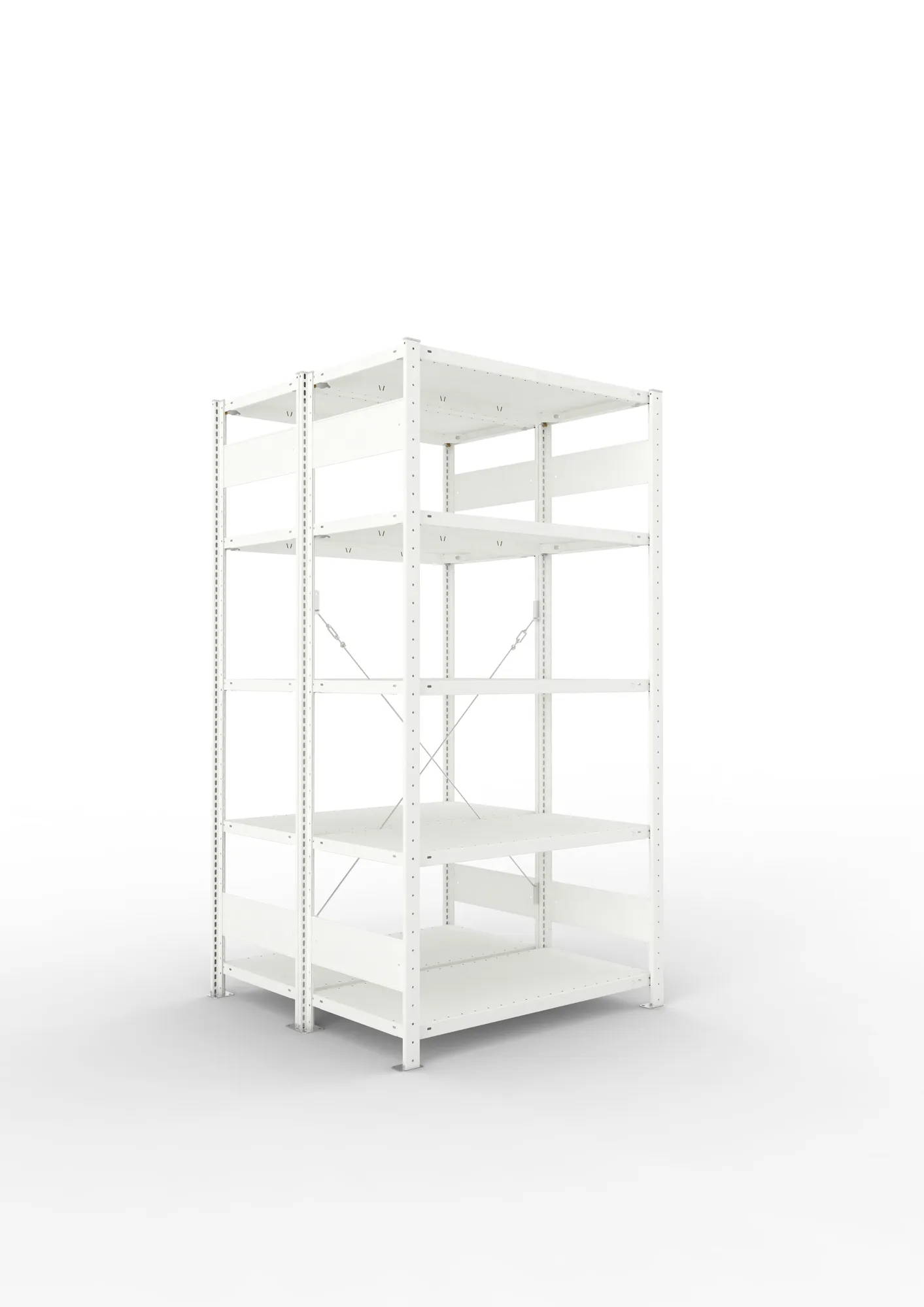 META CLIP, Fachbodenregal, Doppel-Grundregal, 2000 x 1000 x 500 mm, Fachlast 150 kg, 5 Ebenen, RAL 7035 – Ansicht in Blickhöhe
