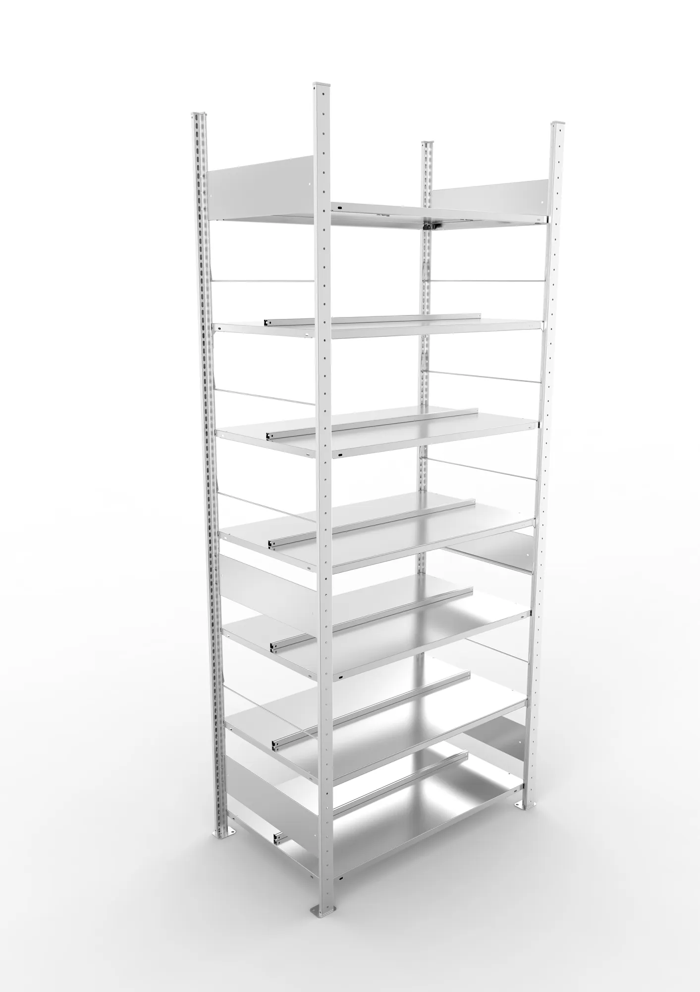 META CLIP COMPACT S3, Büro-Steckregal, Doppel-Grundregal, 2500 x 1000 x 600 mm, Fachlast 100 kg, 7+0 Ebenen, Mittelanschlag, verzinkt – Ansicht von oben