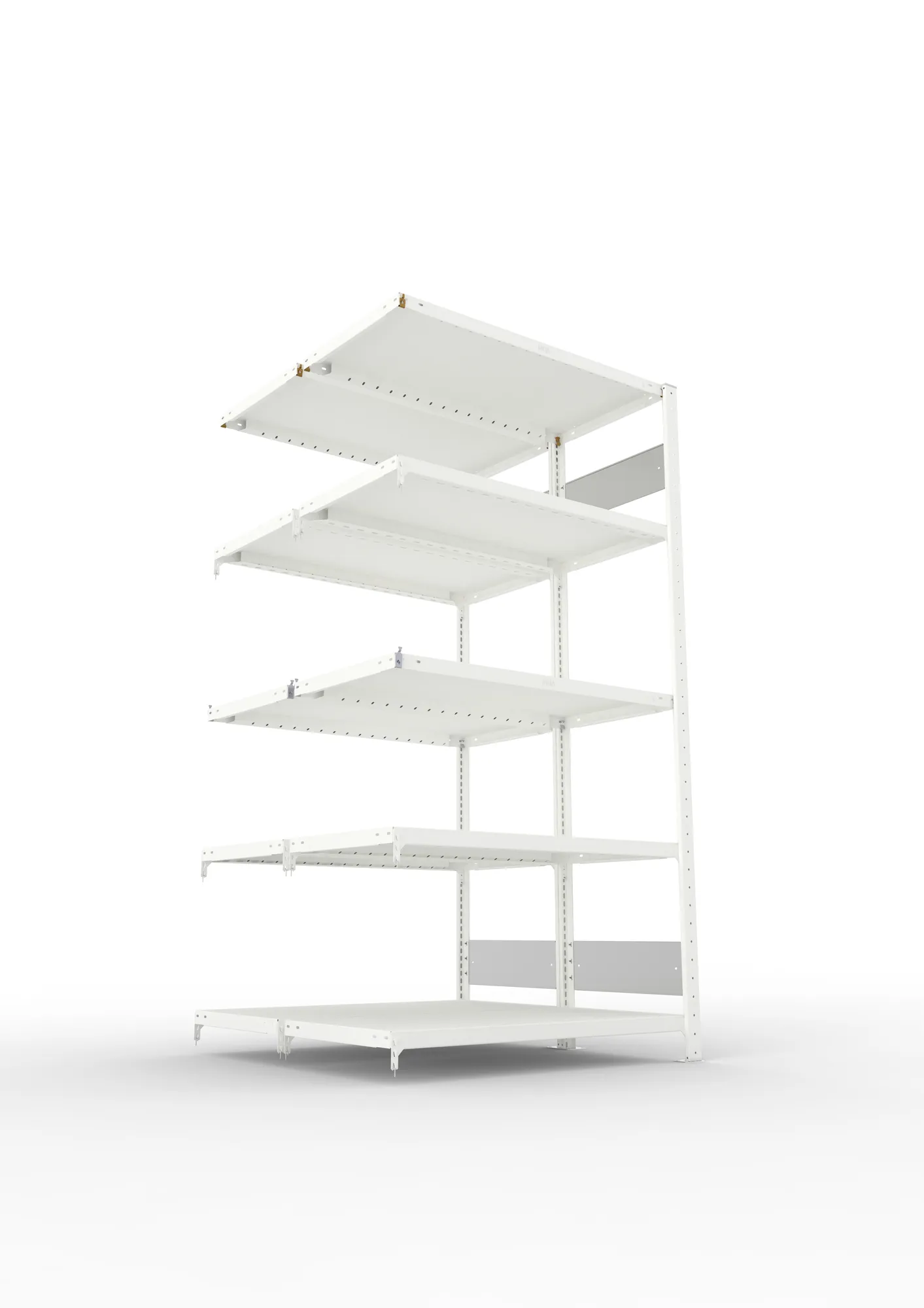 META CLIP S3, Fachbodenregal, Doppel-Anbauregal, 2000 x 1000 x 500 mm, Fachlast 230 kg, 5 Ebenen, Längsriegel, RAL 7035 – Ansicht von unten