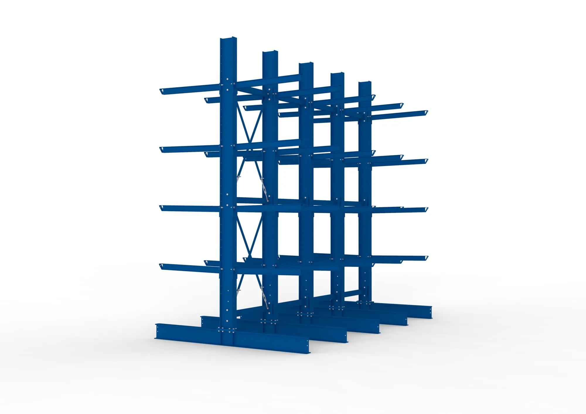 META MULTISTRONG H, Kragarmregal, 4 Felder, 4000 x 4000 x 1000 mm, Armlast 505 kg, doppelseitig, 4+1 Ebenen – Seitenansicht