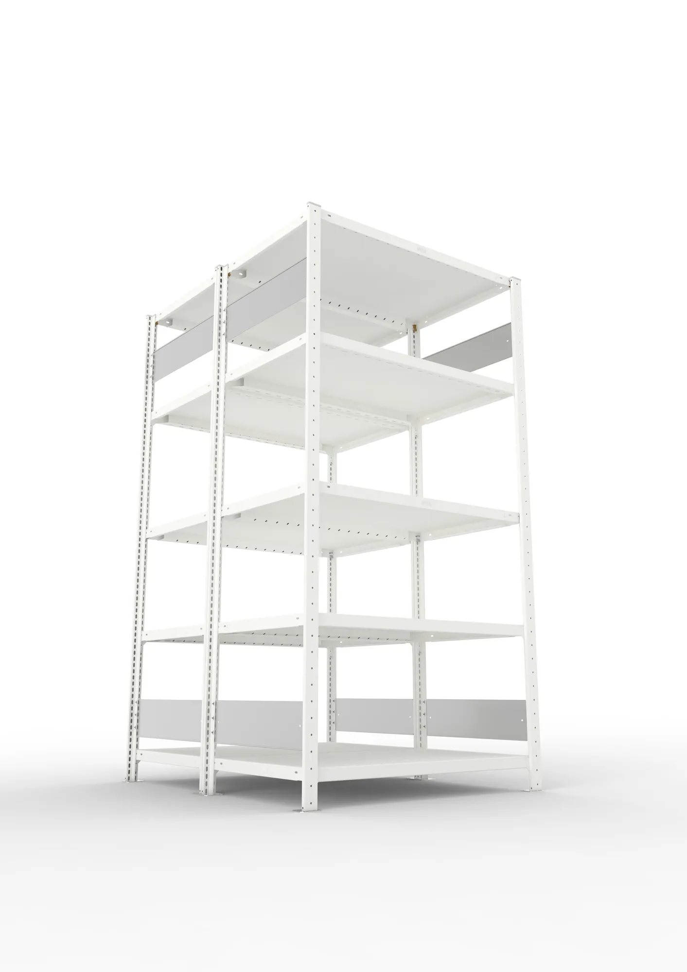 META CLIP S3, Fachbodenregal, Doppel-Grundregal, 2000 x 1000 x 600 mm, Fachlast 230 kg, 5 Ebenen, Längsriegel, RAL 7035 – Ansicht von unten