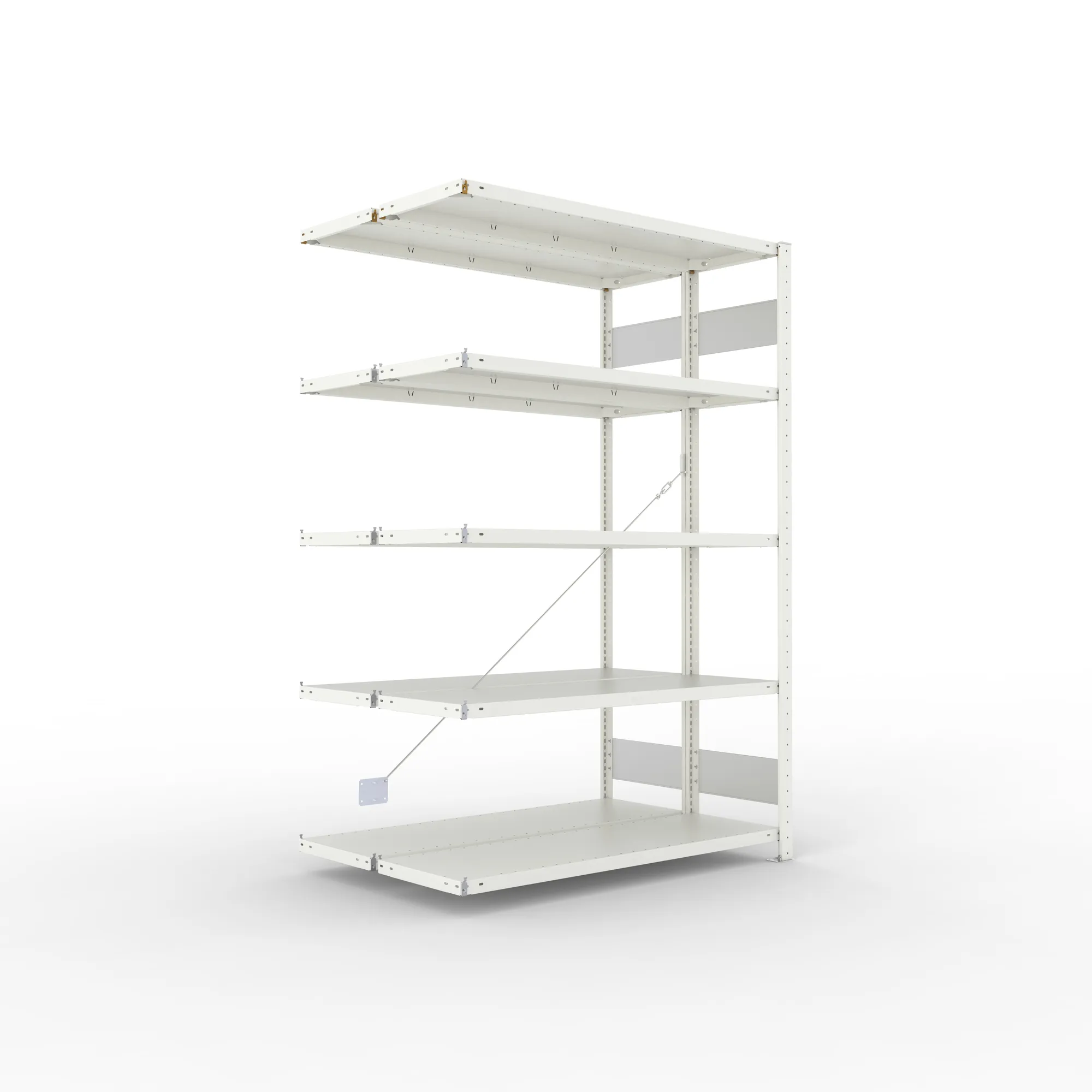META CLIP S3, Fachbodenregal, Doppel-Anbauregal, 2000 x 1300 x 400 mm, Fachlast 150 kg, 5 Ebenen, RAL 7035 – Ansicht in Blickhöhe