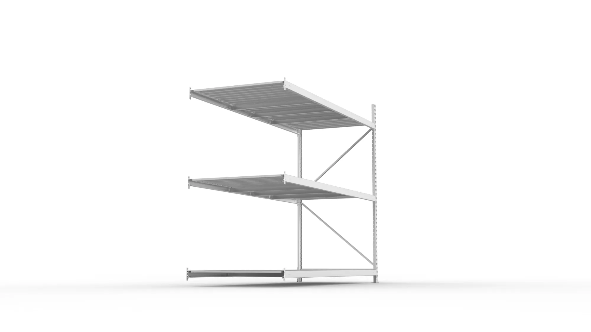 META MINI-RACK, Weitspannregal, Anbauregal, 2200 x 2600 x 1050 mm, Fachlast 490 kg, Stahlpaneelböden, 3 Ebenen – Seitenansicht
