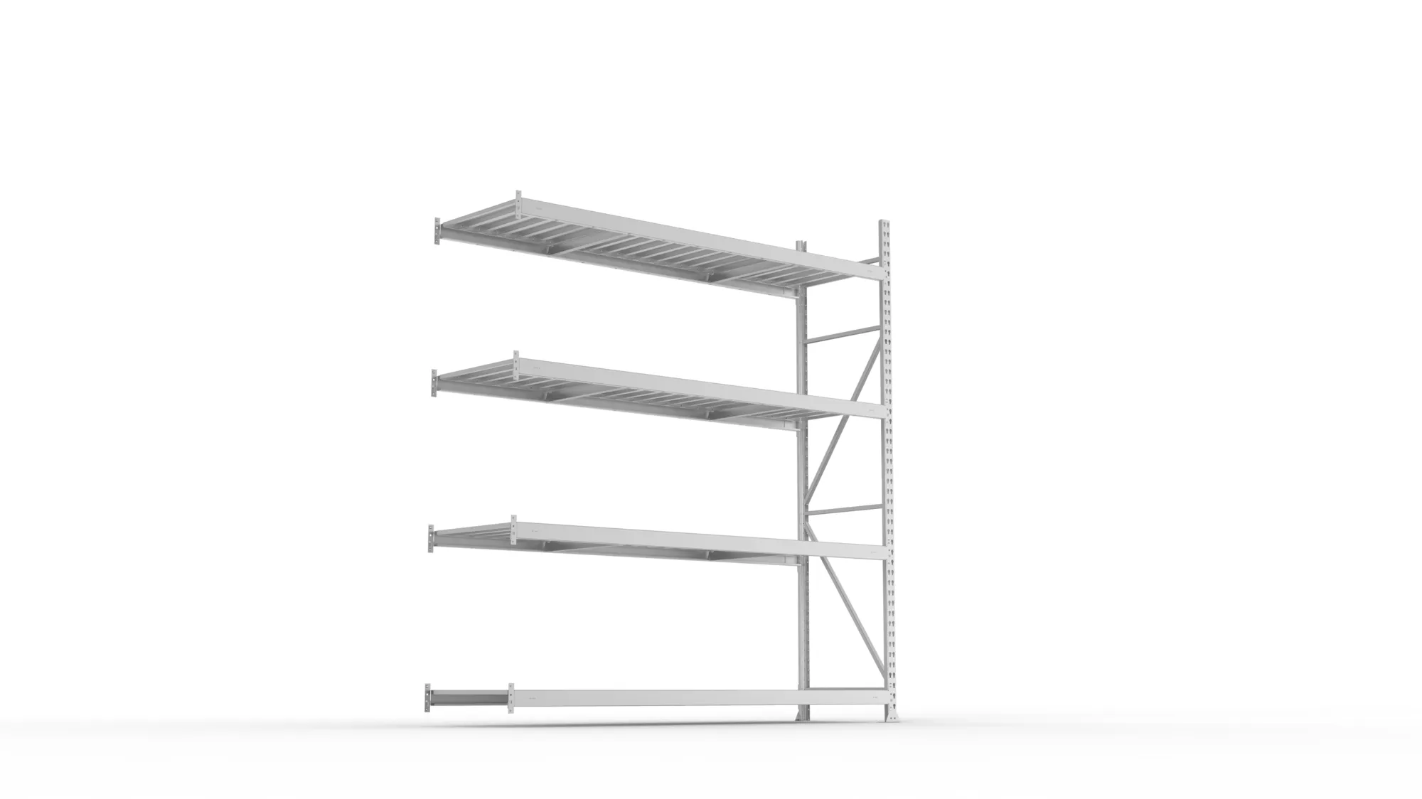 META MINI-RACK, Weitspannregal, Anbauregal, 2500 x 2200 x 650 mm, Fachlast 600 kg, Stahlpaneelböden, 4 Ebenen – Ansicht von unten
