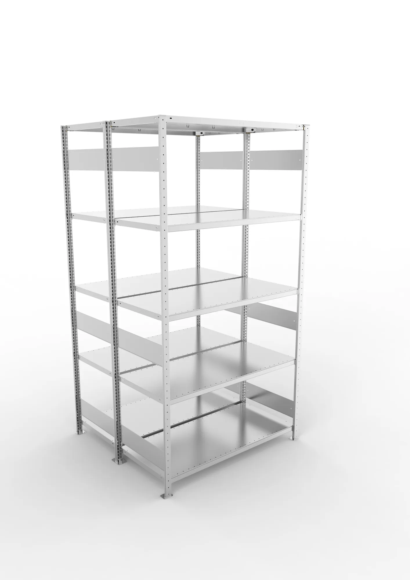 META CLIP S3, Fachbodenregal, Doppel-Grundregal, 2500 x 1300 x 600 mm, Fachlast 230 kg, 5 Ebenen, Längsriegel, verzinkt – Ansicht von oben