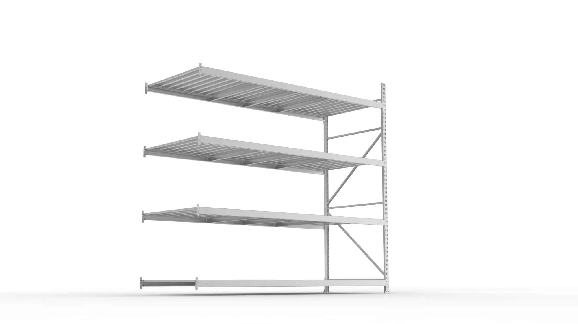 META MINI-RACK, Weitspannregal, Anbauregal, 2500 x 2600 x 1050 mm, Fachlast 490 kg, Stahlpaneelböden, 4 Ebenen – Ansicht von unten