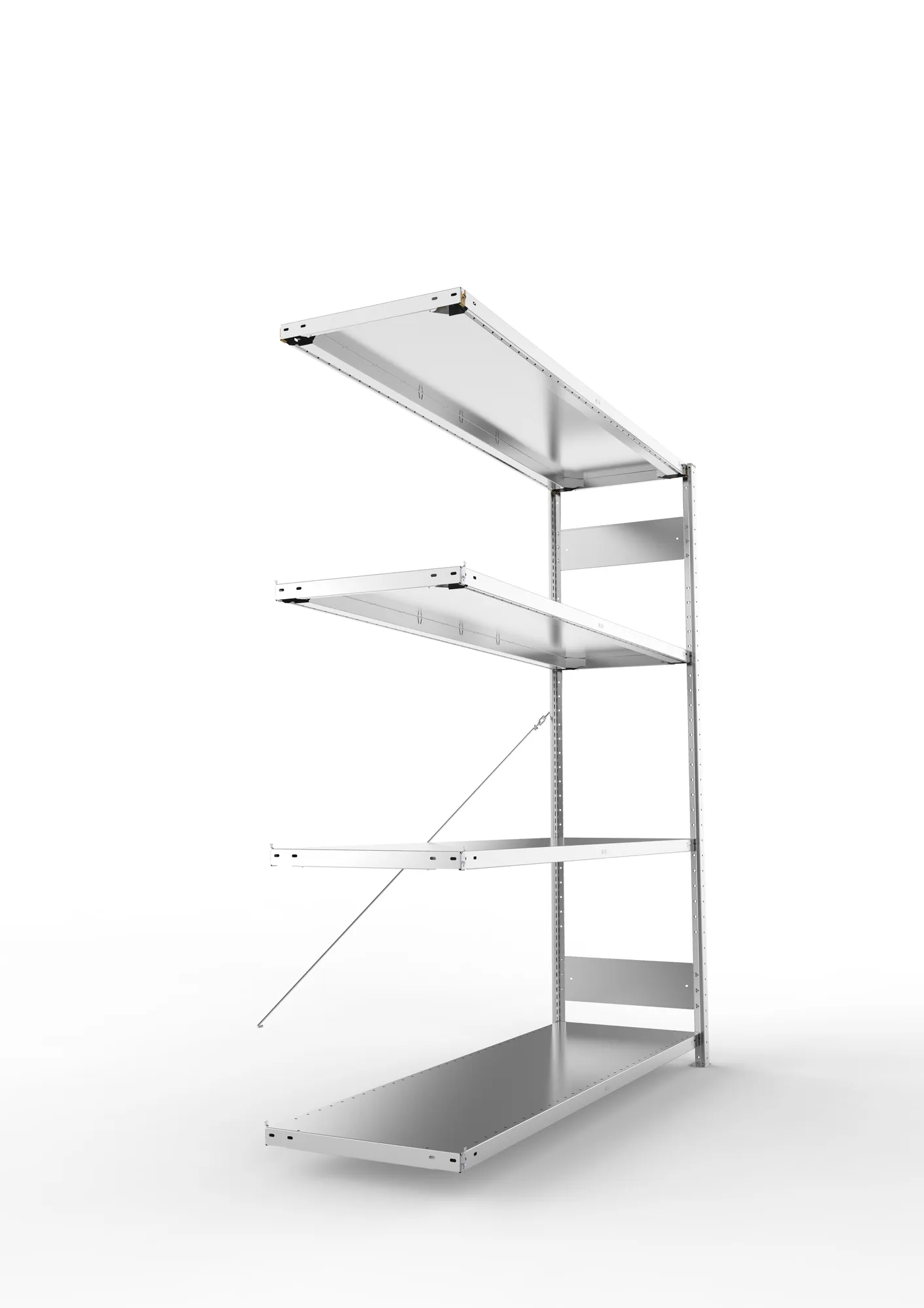META CLIP S3, Fachbodenregal, Anbauregal, 2000 x 1700 x 500 mm, Fachlast 200 kg, 4 Ebenen, verzinkt – Seitenansicht